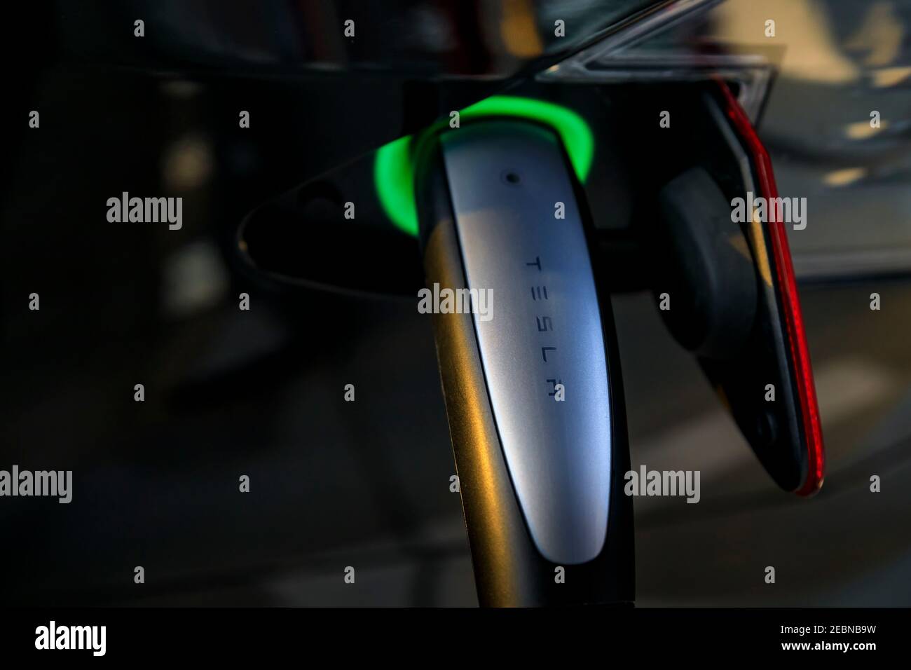 Firebaugh, USA January 21, 2021 Charging port of a black electric
