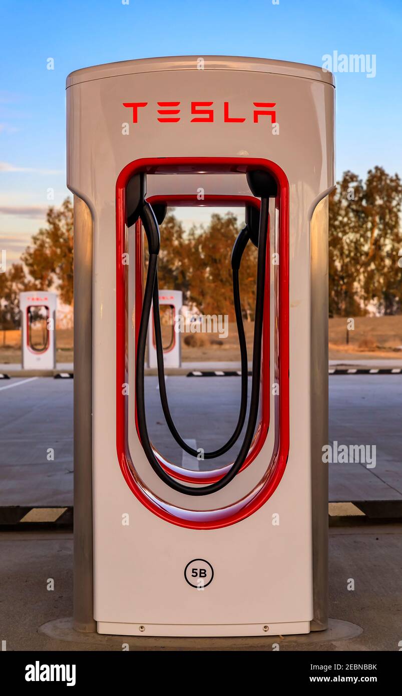 Firebaugh, USA January 21, 2021 Empty electric Tesla superchargers