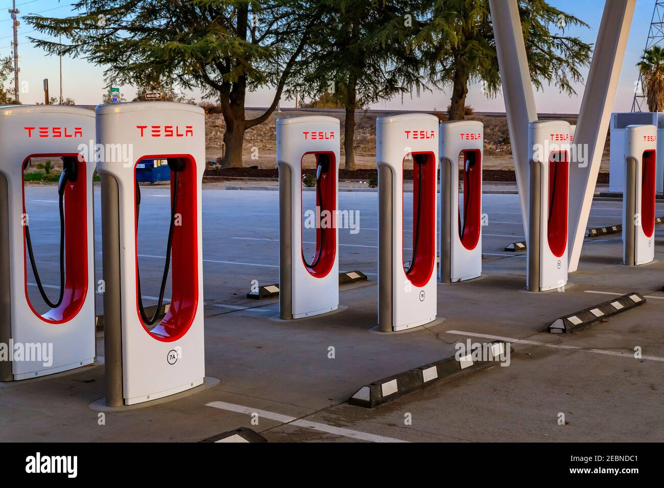 Firebaugh, USA January 21, 2021 Rows of empty electric Tesla