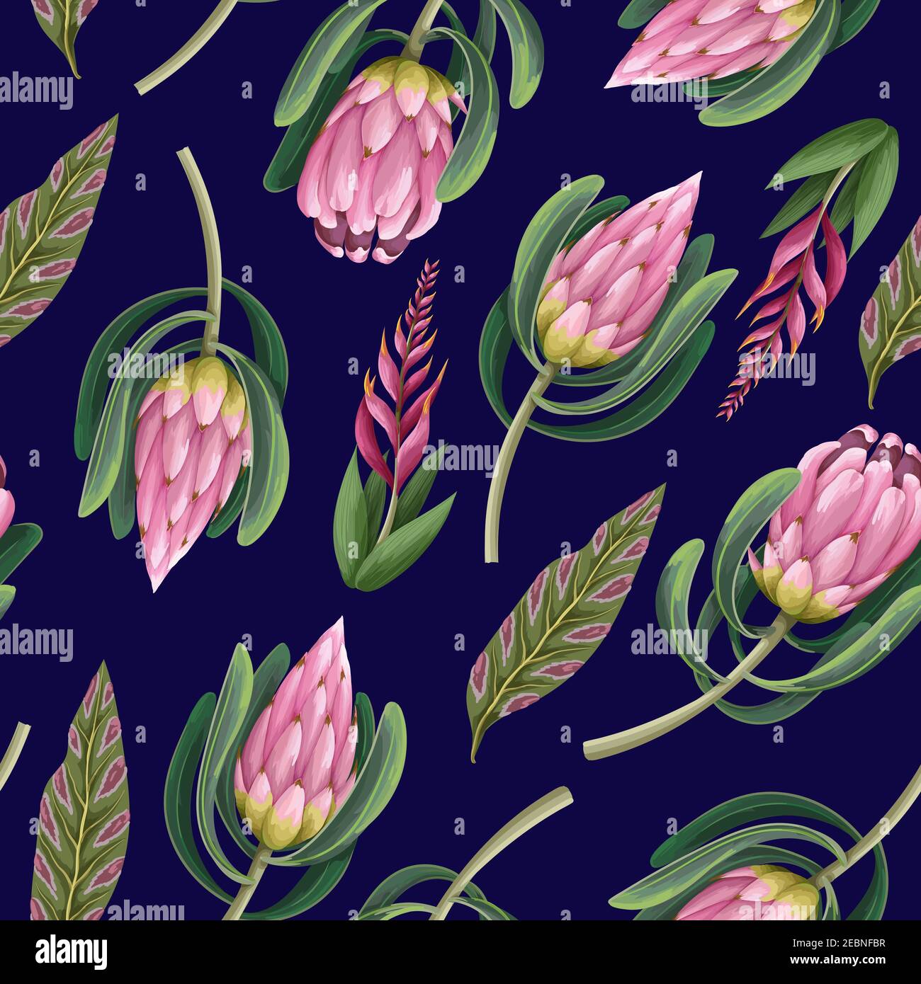 Seamless pattern with proteas flowers. Trendy floral vector print. Stock Vector