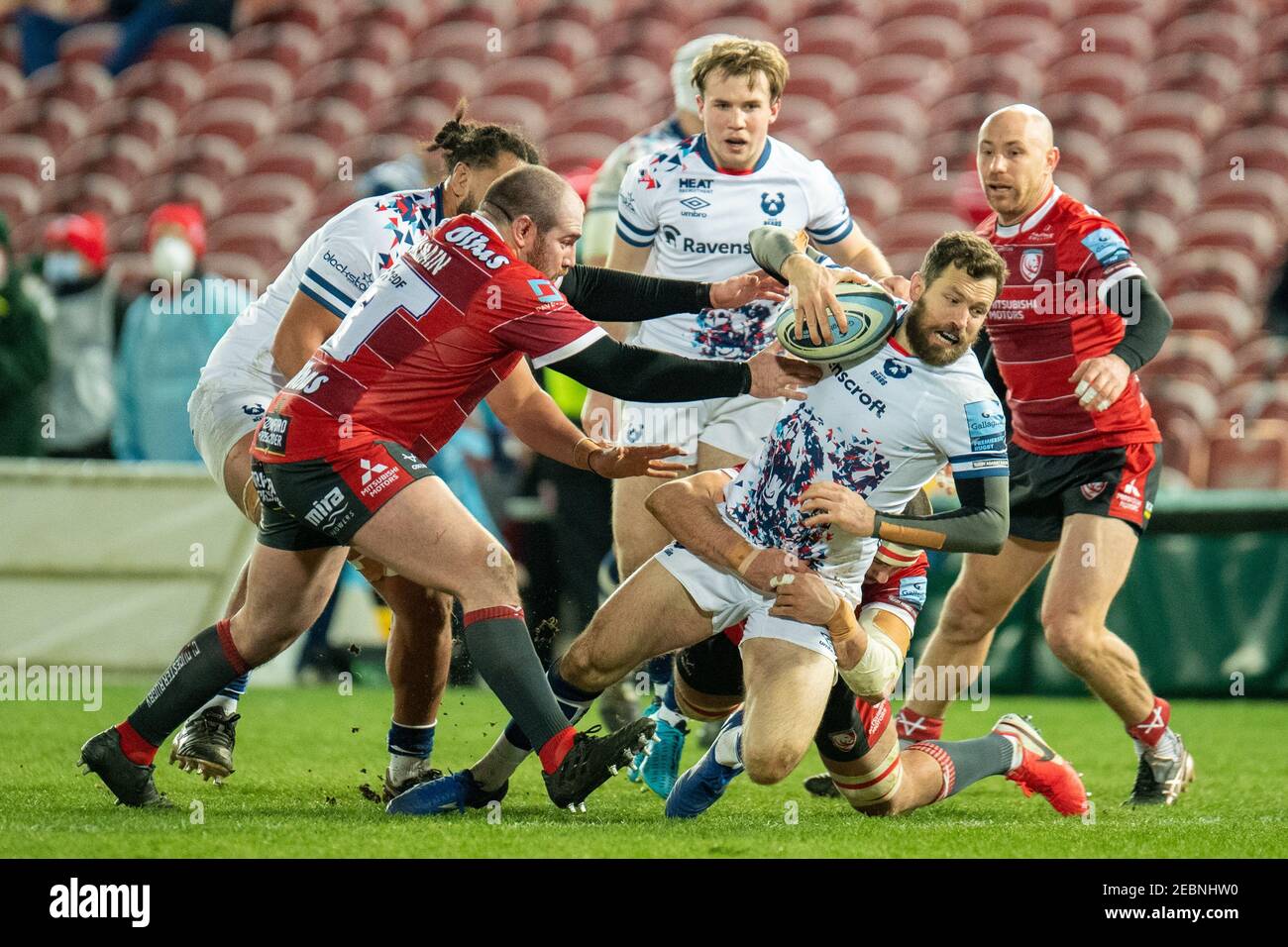 Gloucester, UK. 12th Feb, 2021. LUKE MORAHAN #14 of Bristol Bears is bought down under a number of challenges from the Gloucester Rugby players in Gloucester, UK on 2/12/2021. (Photo by Gareth Dalley/News Images/Sipa USA) Credit: Sipa USA/Alamy Live News Stock Photo