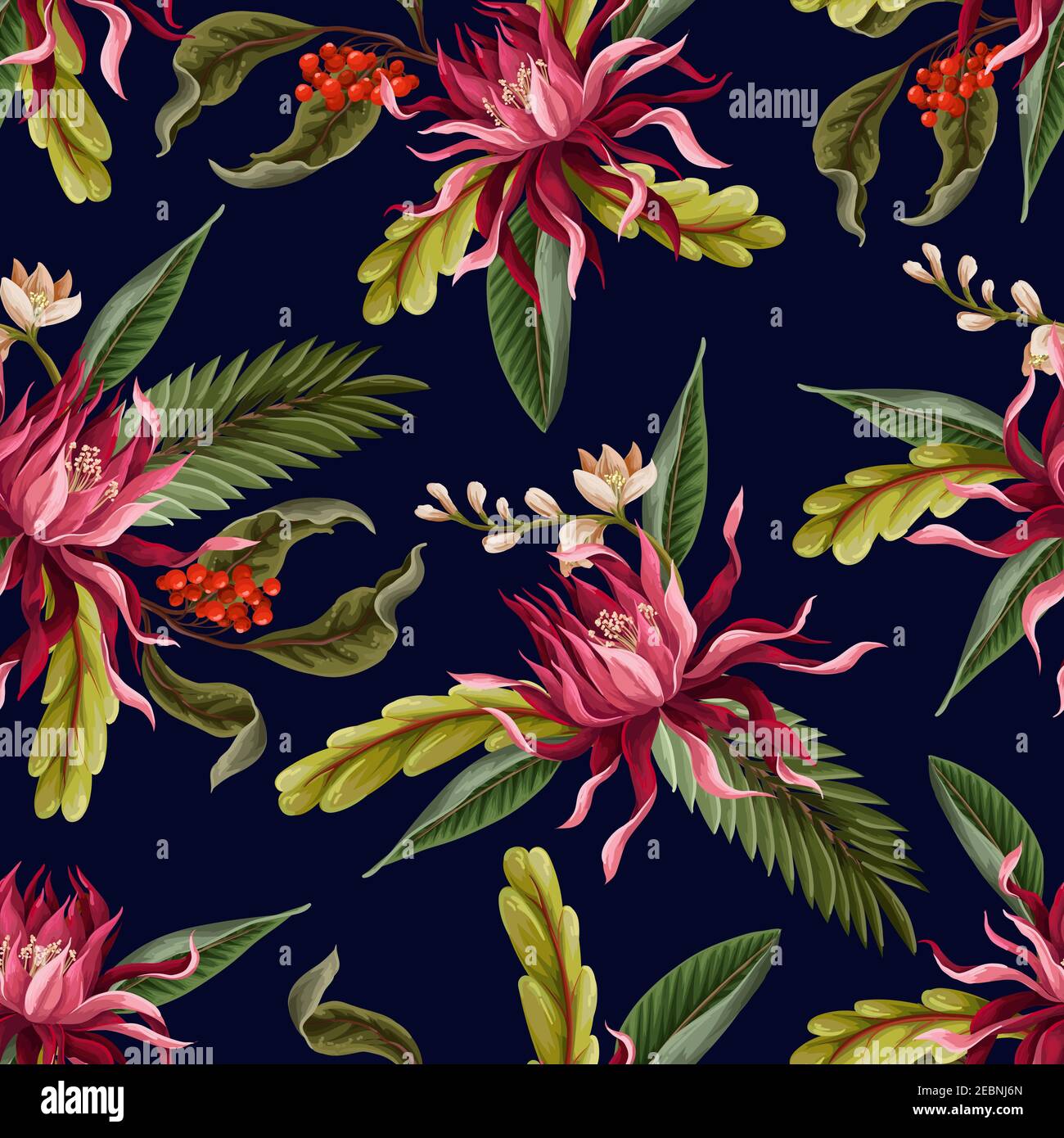 Seamless pattern with tropical leaves and flowers. Vector Stock Vector ...