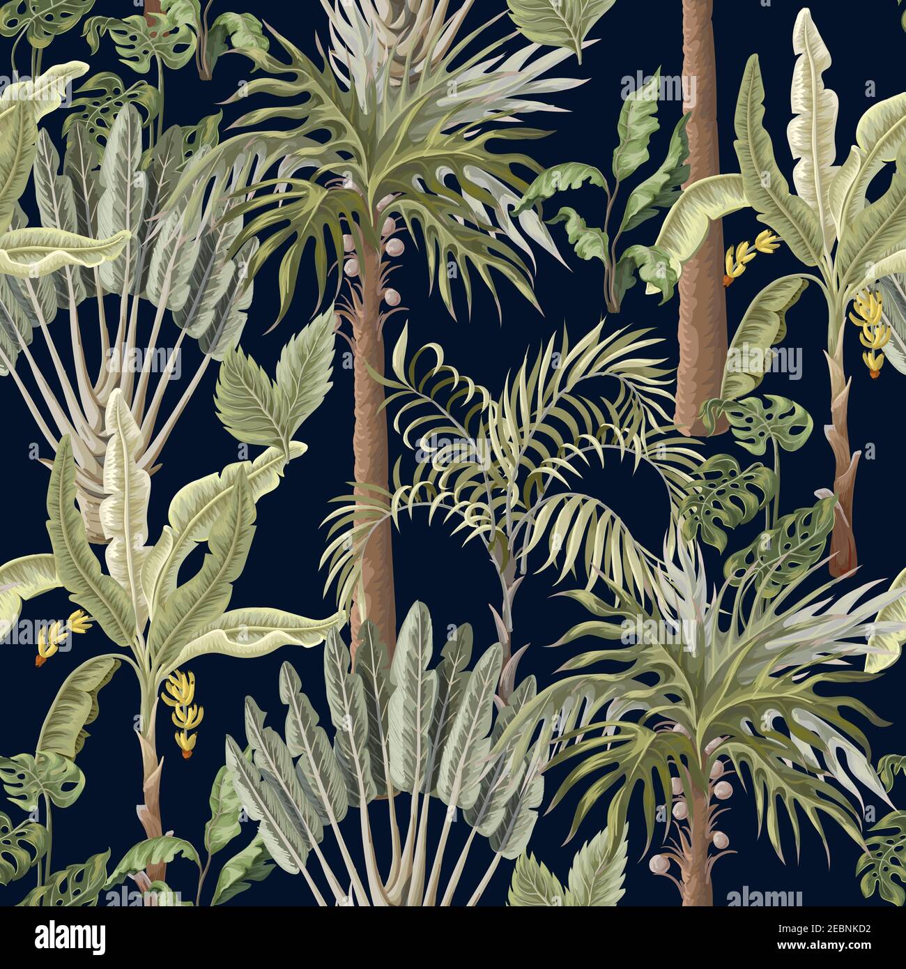 Seamless pattern with exotic trees such us palm and banana. Interior vintage wallpaper. Stock Vector