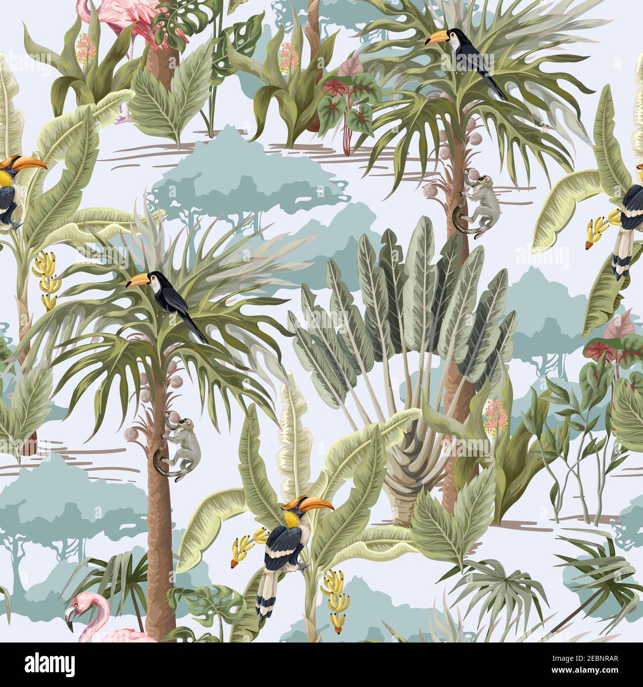 Seamless pattern with jungle animals, flowers and trees. Vector. Stock Vector