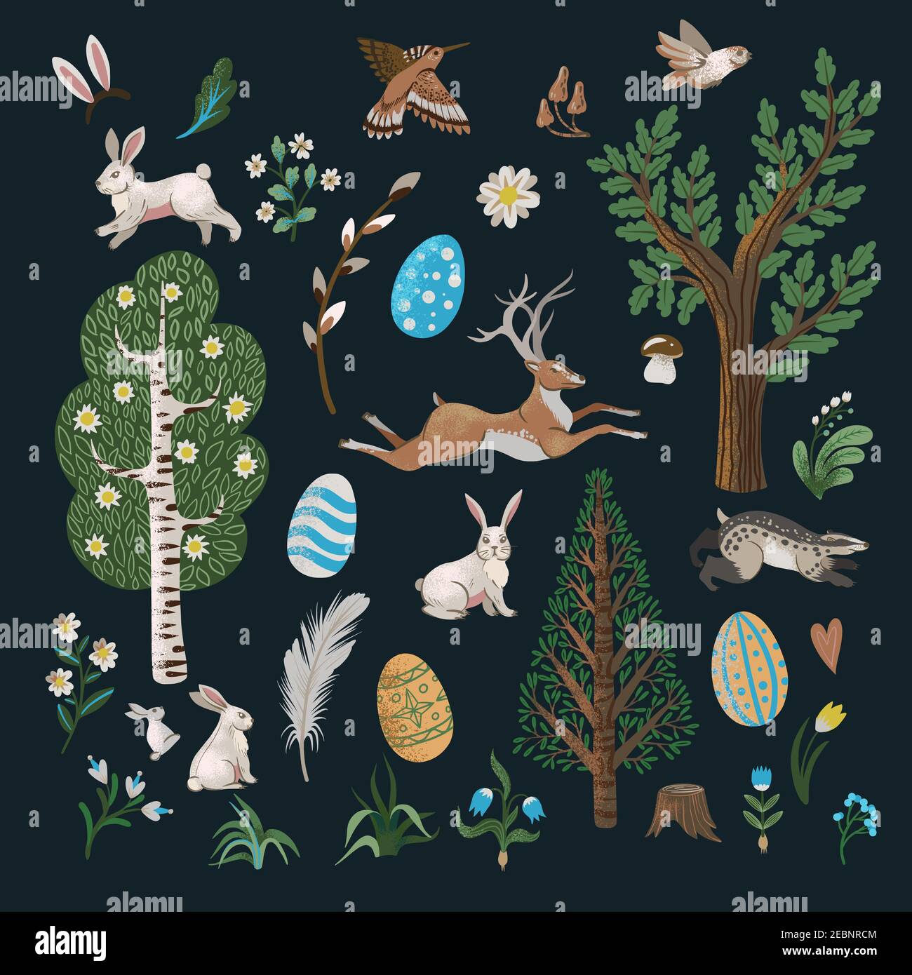 Rustic elements such as trees, rabbits, eggs and other isolated. Easter print. Stock Vector