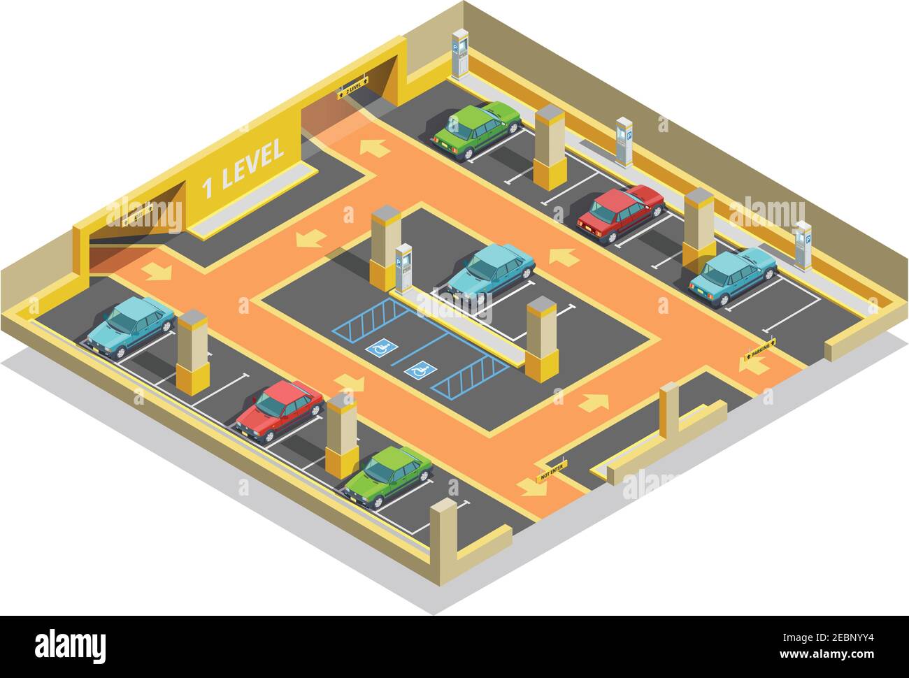 Parking underground isometric template with road cars lots and arrows direction vector illustration Stock Vector