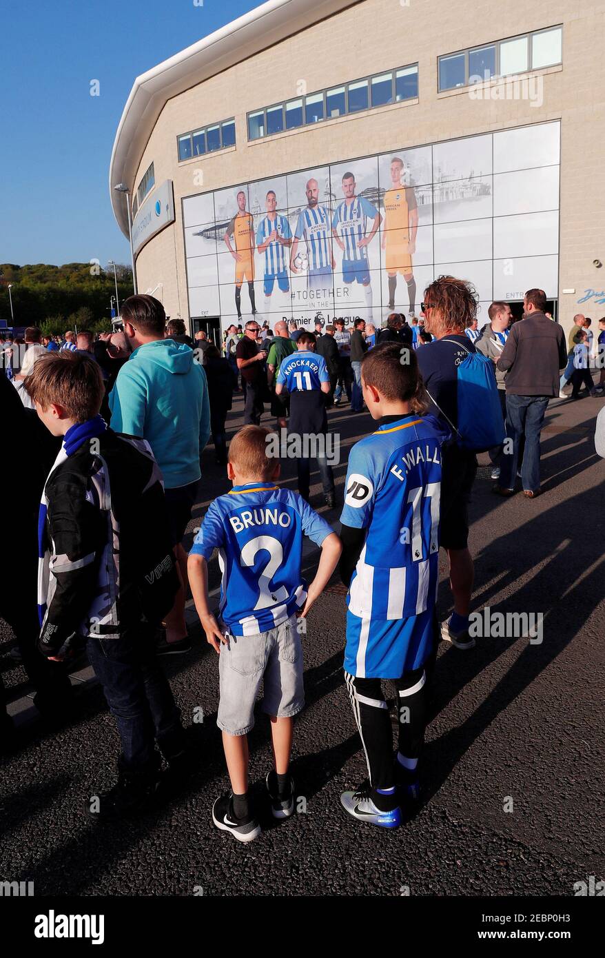 Soccer Football - Premier League - Brighton & Hove Albion v Manchester United - The American Express Community Stadium, Brighton, Britain - May 4, 2018   Brighton fans outside the stadium before the match    REUTERS/Eddie Keogh    EDITORIAL USE ONLY. No use with unauthorized audio, video, data, fixture lists, club/league logos or 'live' services. Online in-match use limited to 75 images, no video emulation. No use in betting, games or single club/league/player publications.  Please contact your account representative for further details. Stock Photo