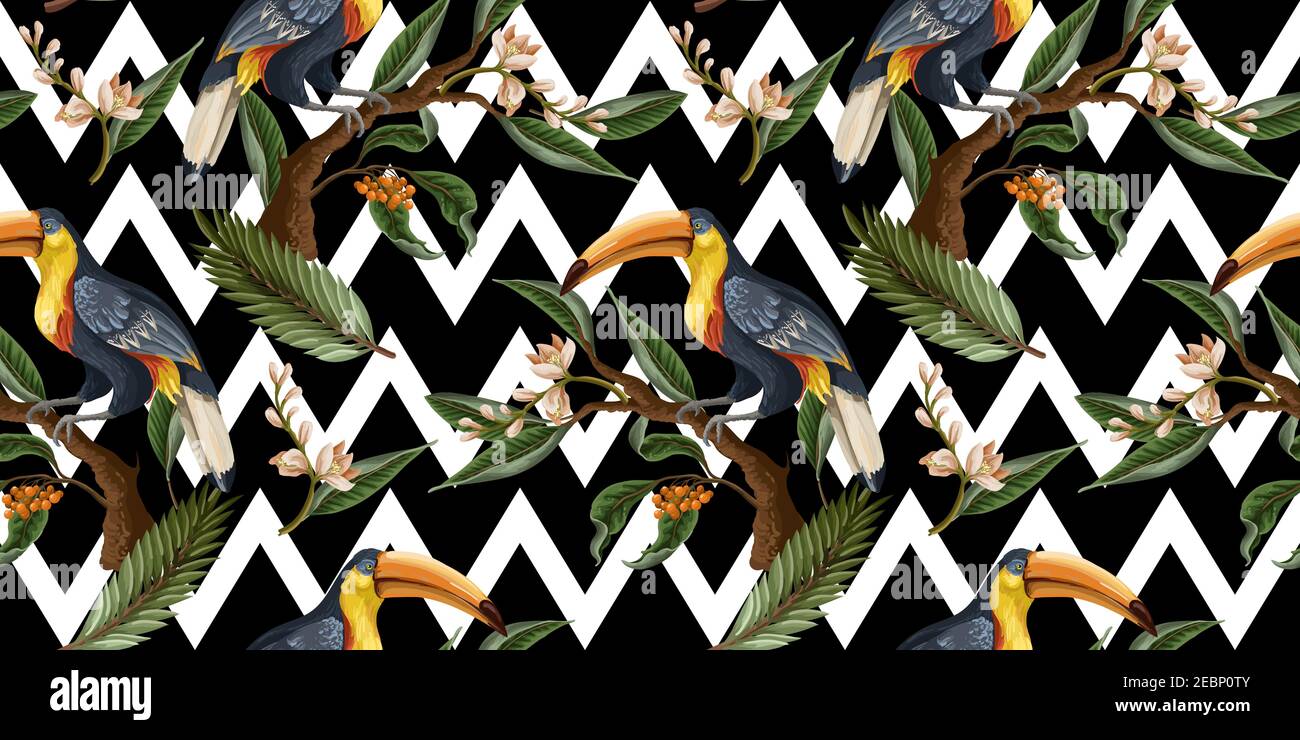 Seamless pattern with birds and tropical leaves and flowers. Vector. Stock Vector