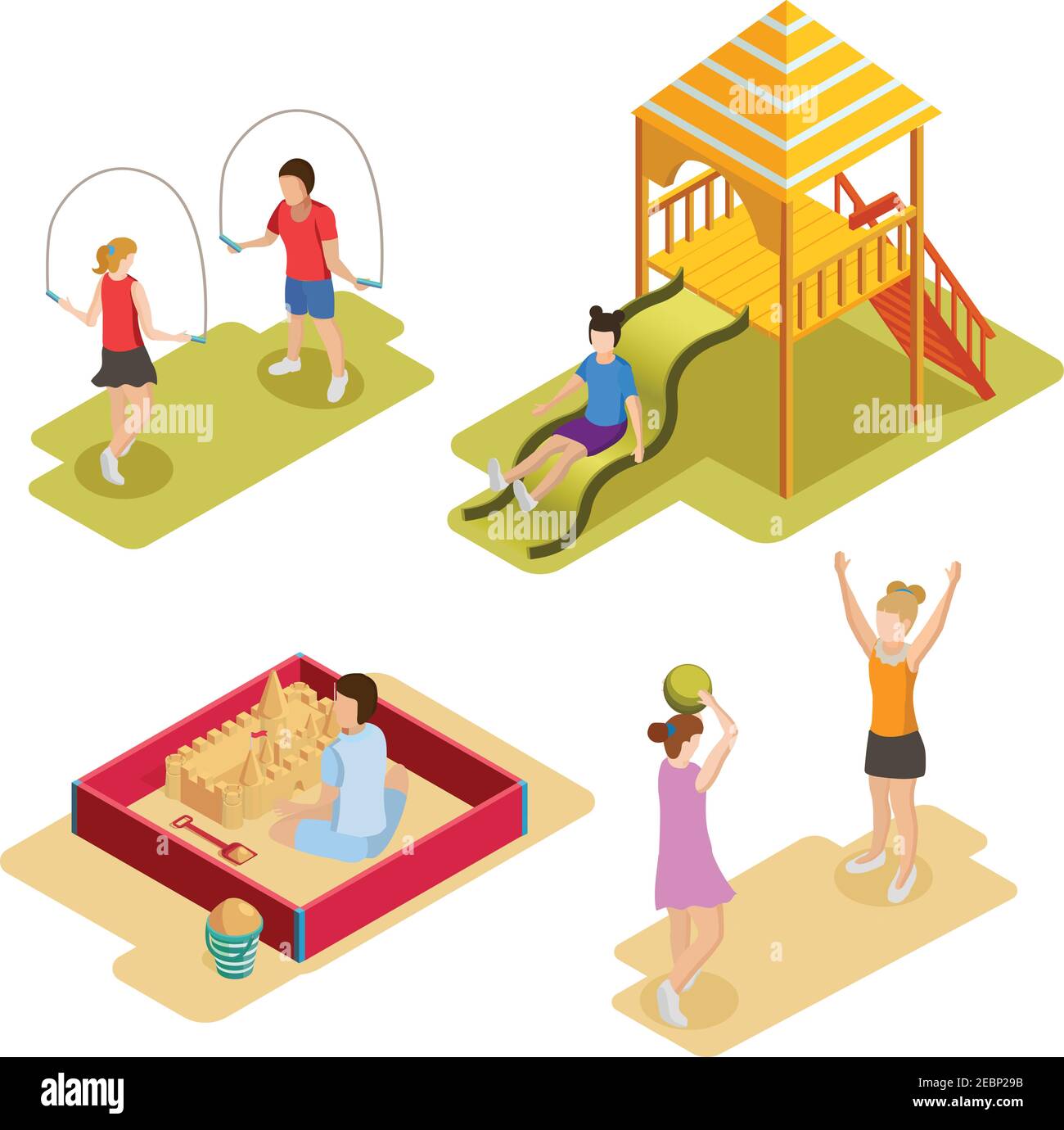 Colored Isometric Playground Icon Set With Children Play Outdoor Games