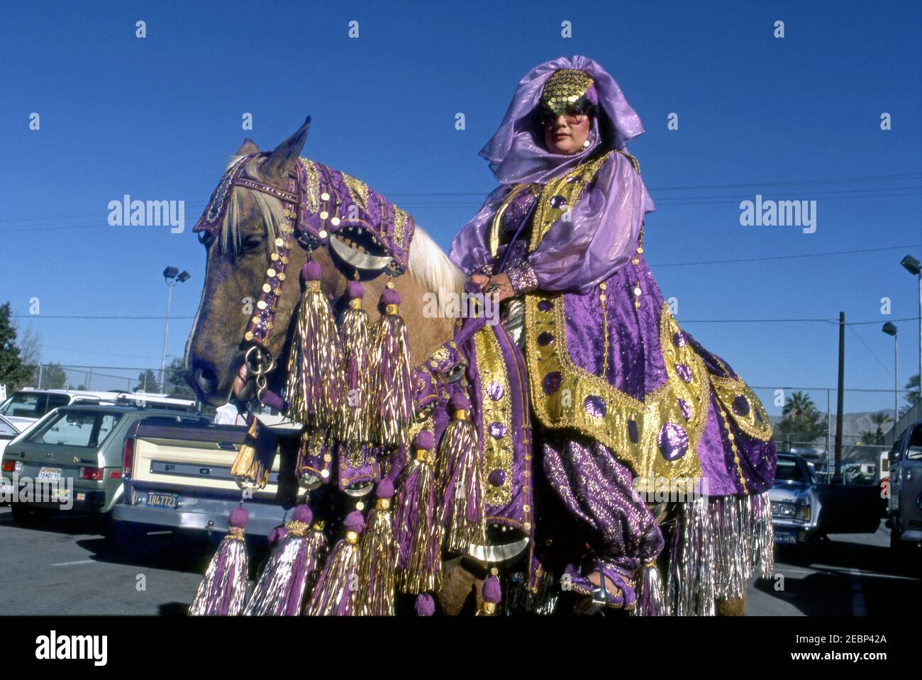 Woman on horseback in Arabian themed costume for the Indio Date