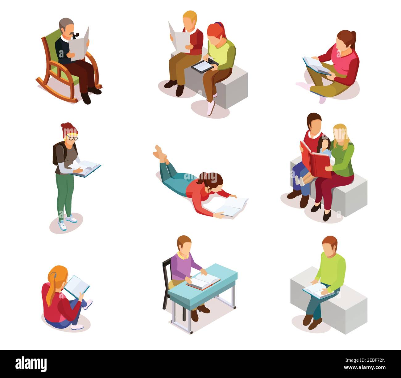 Colored and isolated isometirc reading people icon set with different ages and hobbies women and men vector illustration Stock Vector