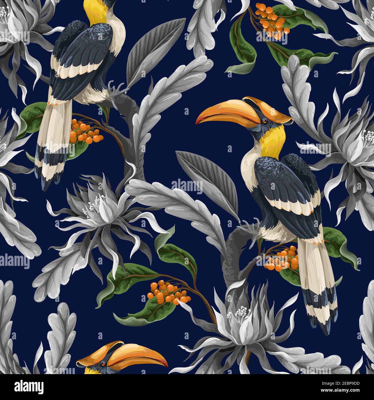 Seamless pattern with birds and tropical leaves and flowers. Vector. Stock Vector
