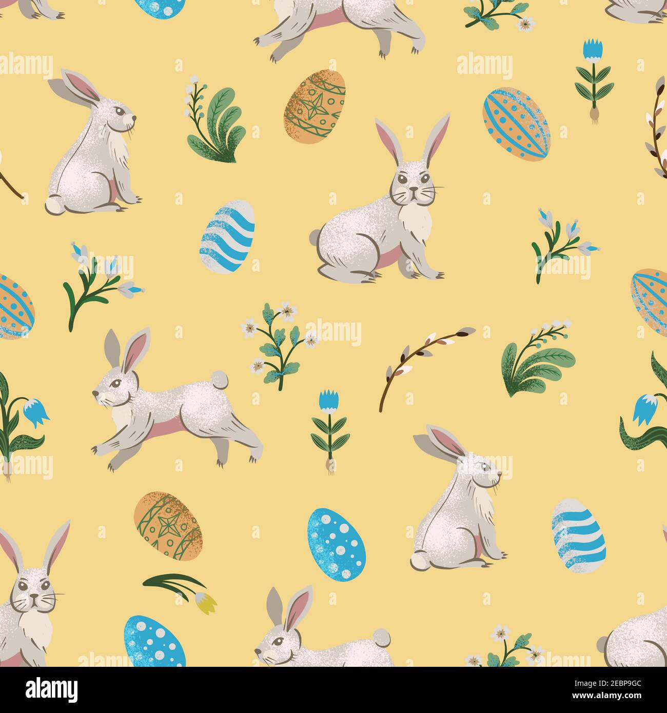 Rustic seamless pattern with trees, rabbits, eggs and other. Easter print. Stock Vector