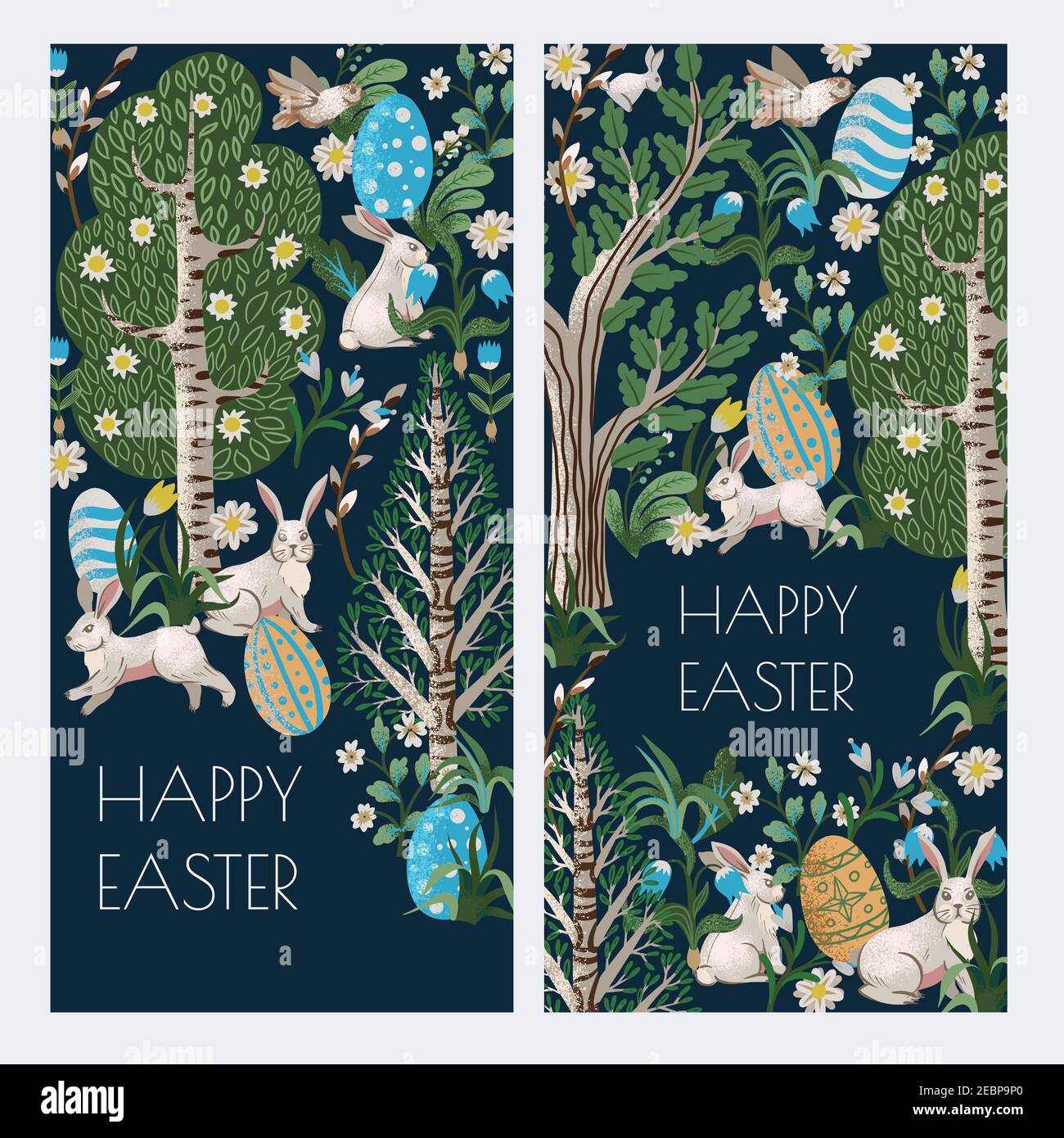 Easter card with rustic trees, rabbits, eggs and other. Vector