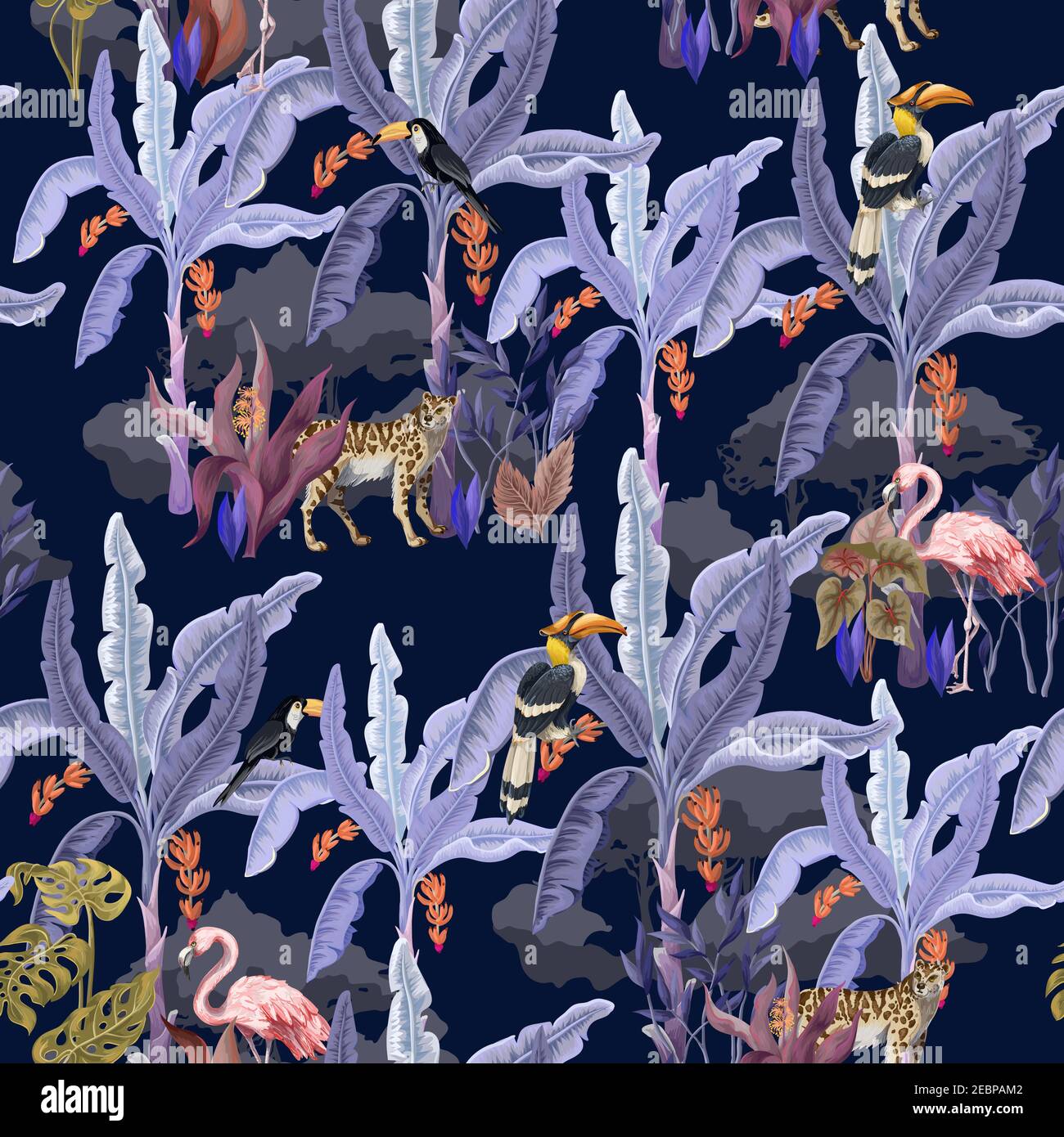 Seamless pattern with jungle animals, flowers and trees. Vector. Stock Vector