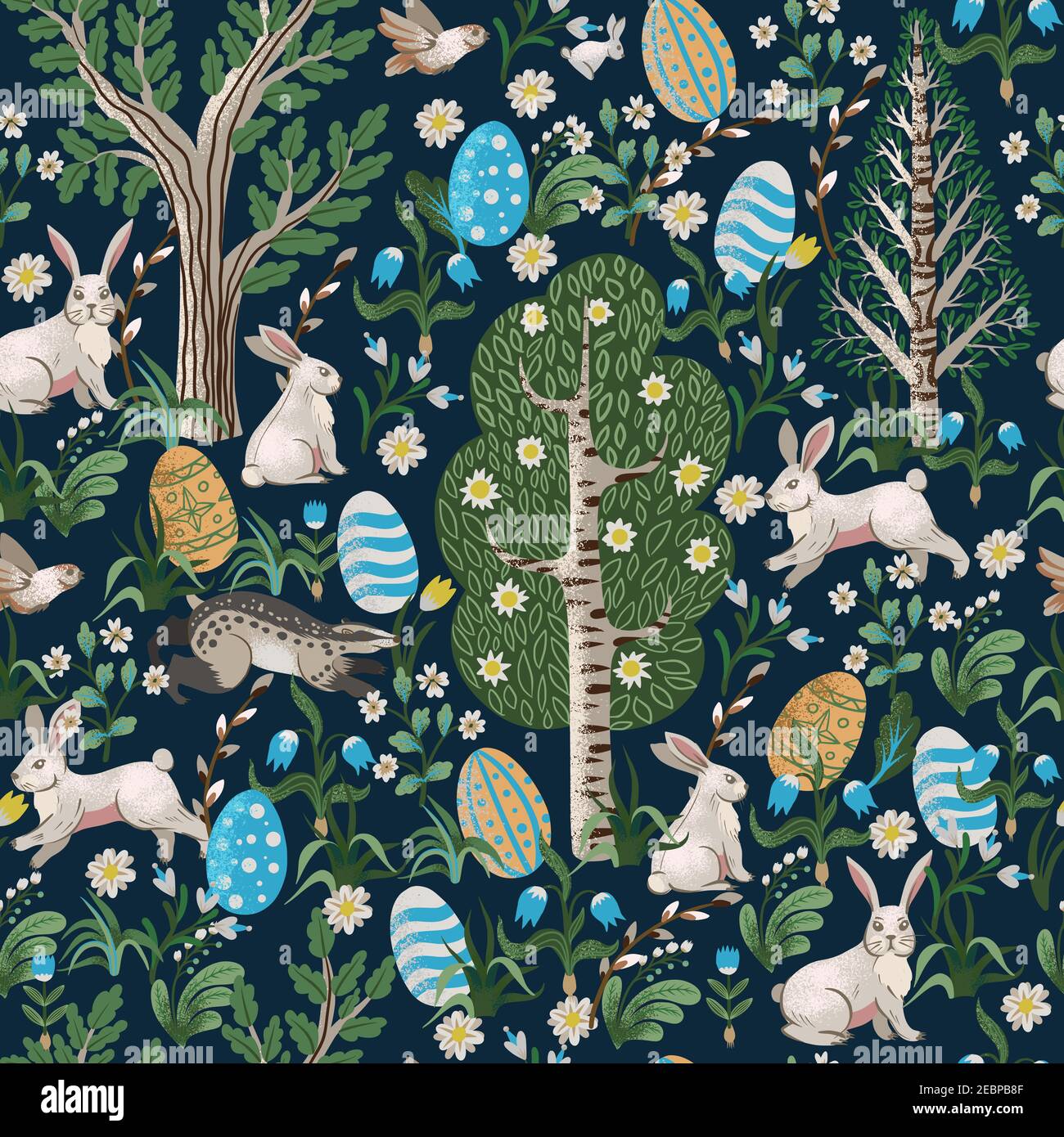 Rustic seamless pattern with trees, rabbits, eggs and other. Easter print. Stock Vector
