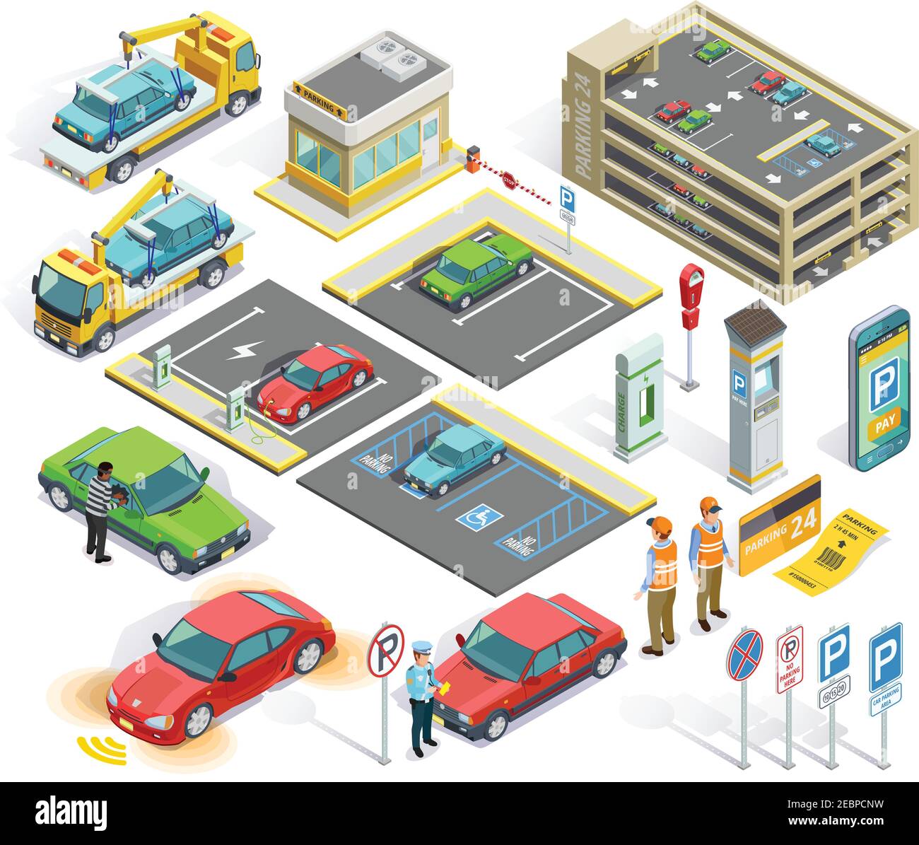 Parking isometric elements set with cars policeman building stealing evacuator roadsigns charging station ticket isolated vector illustration Stock Vector