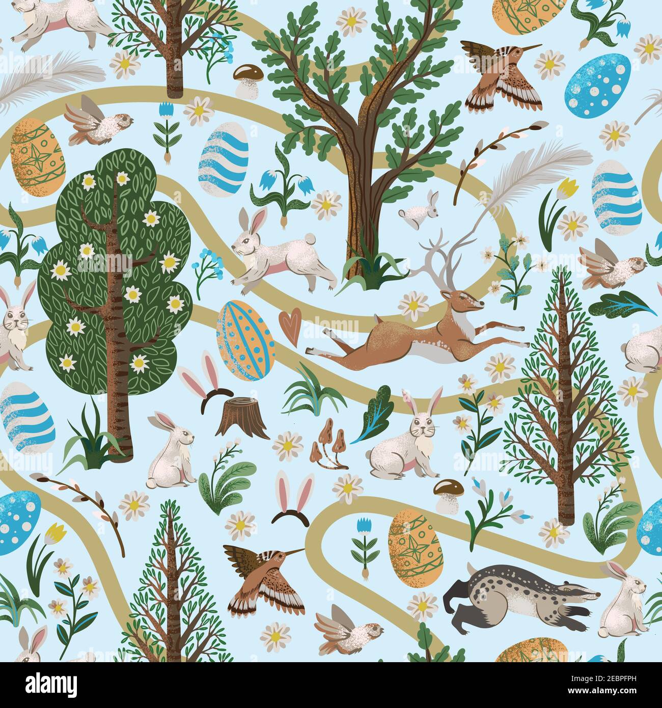 Rustic seamless pattern with trees, rabbits, eggs and other. Easter print. Stock Vector