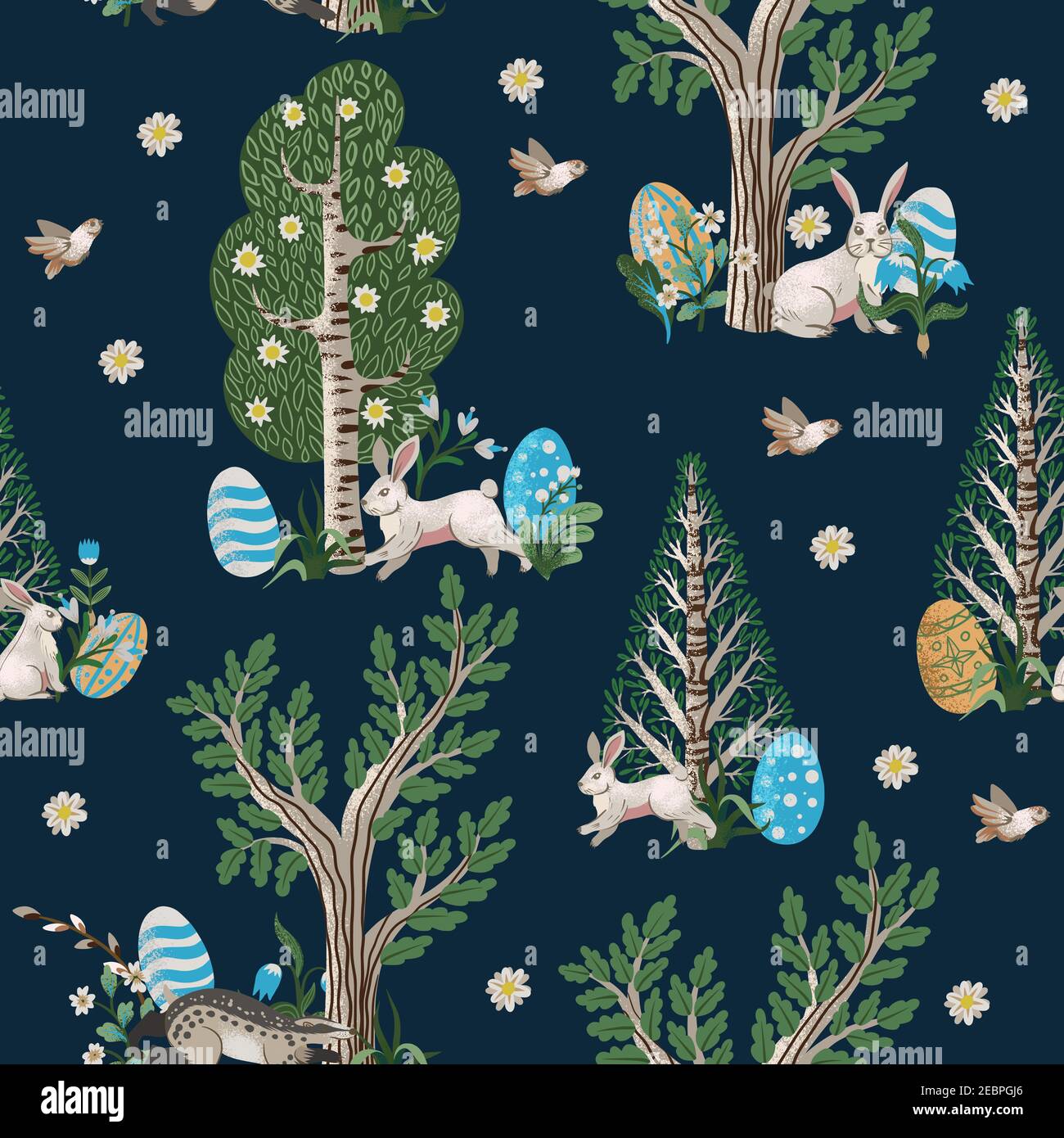 Rustic seamless pattern with trees, rabbits, eggs and other. Easter print. Stock Vector