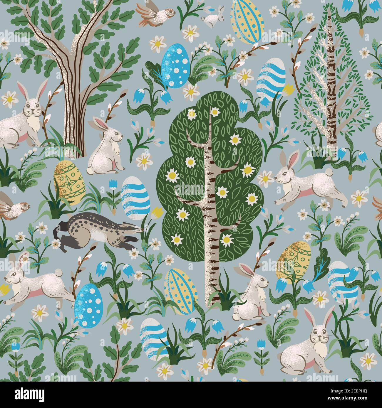 Rustic seamless pattern with trees, rabbits, eggs and other. Easter print. Stock Vector