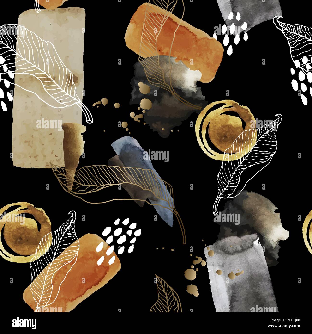 Seamless abstract pattern with watercolor blots, leaves and gold elements. Vector. Stock Vector