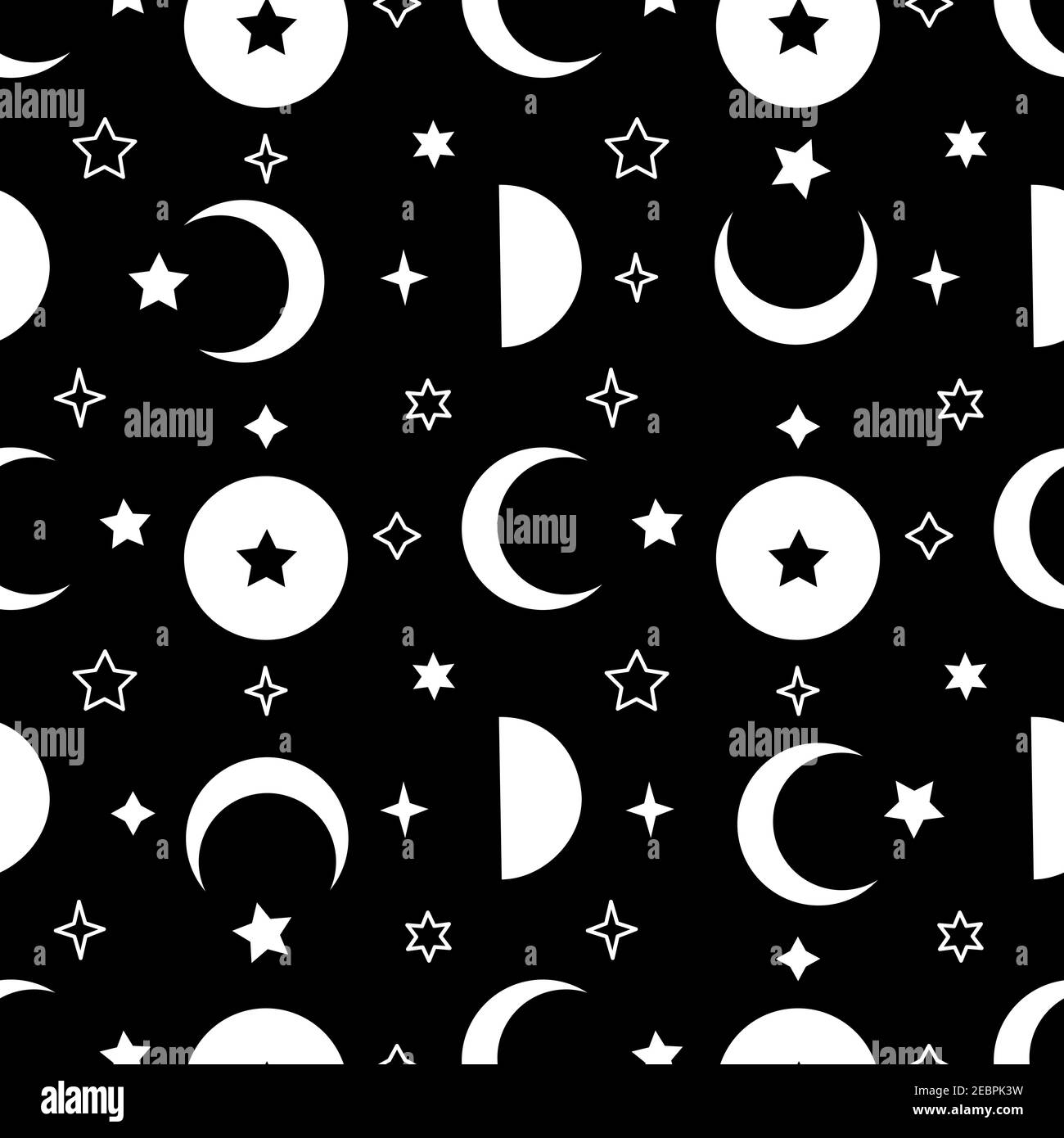Monochrome seamless pattern with white moon and stars on black ...
