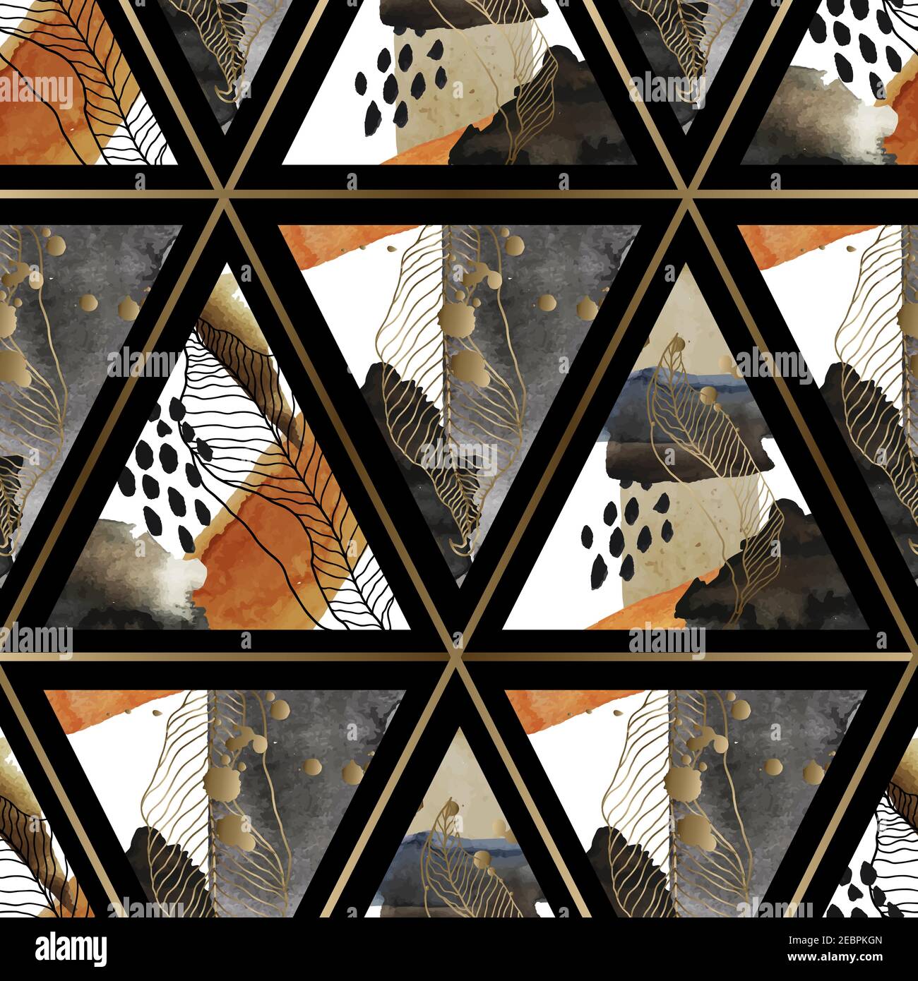 Seamless abstract pattern with watercolor blots, leaves and gold ...