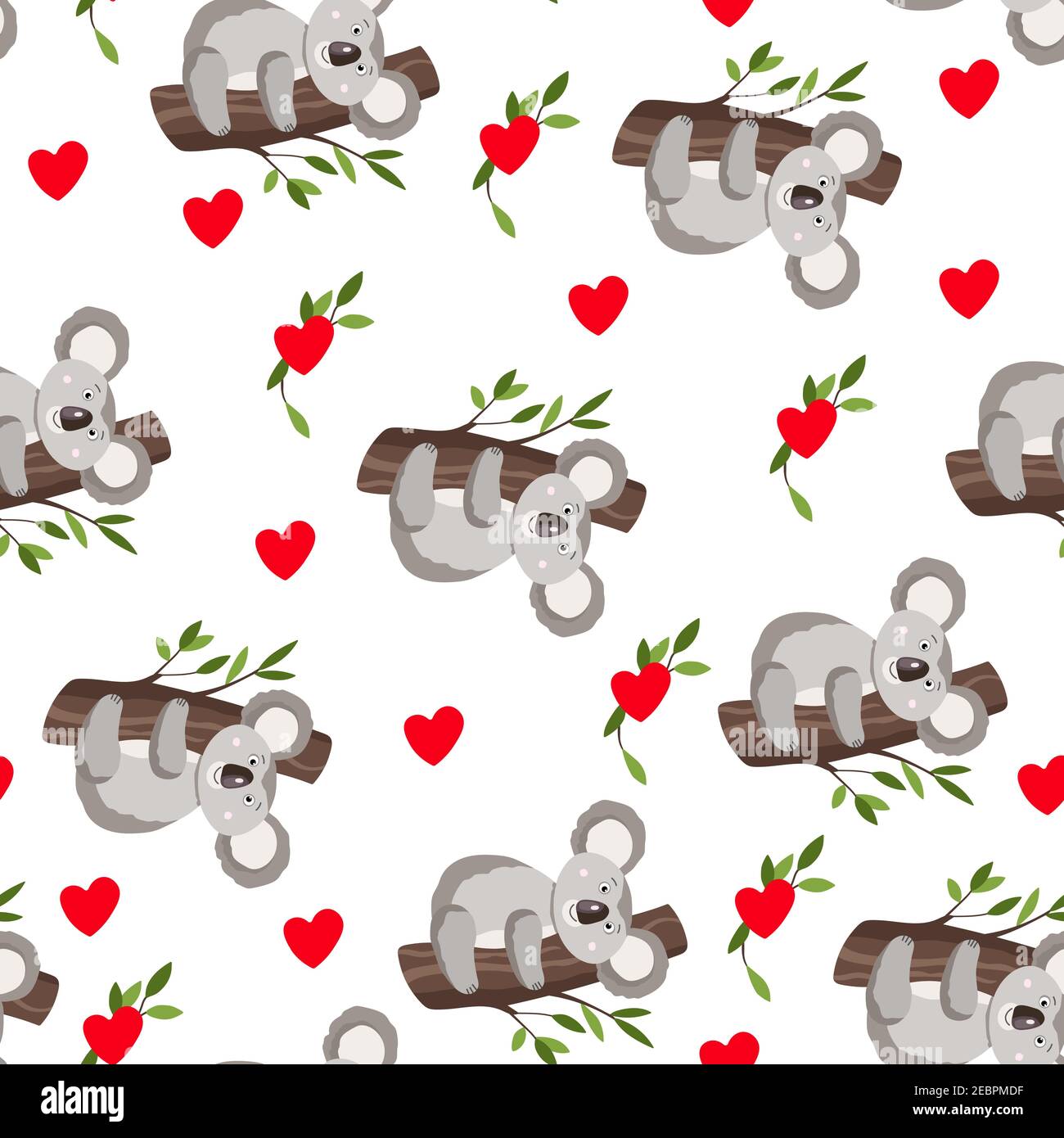 Seamless pattern with cute koala baby and hearts on white background ...