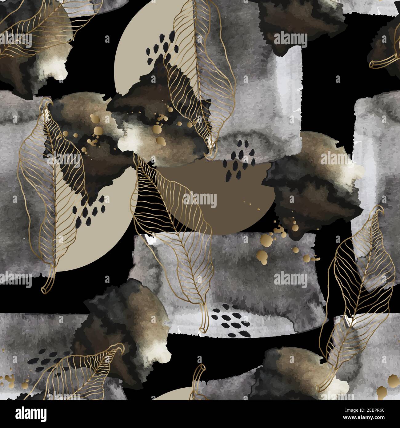 Seamless abstract pattern with watercolor blots, leaves and gold elements. Vector. Stock Vector