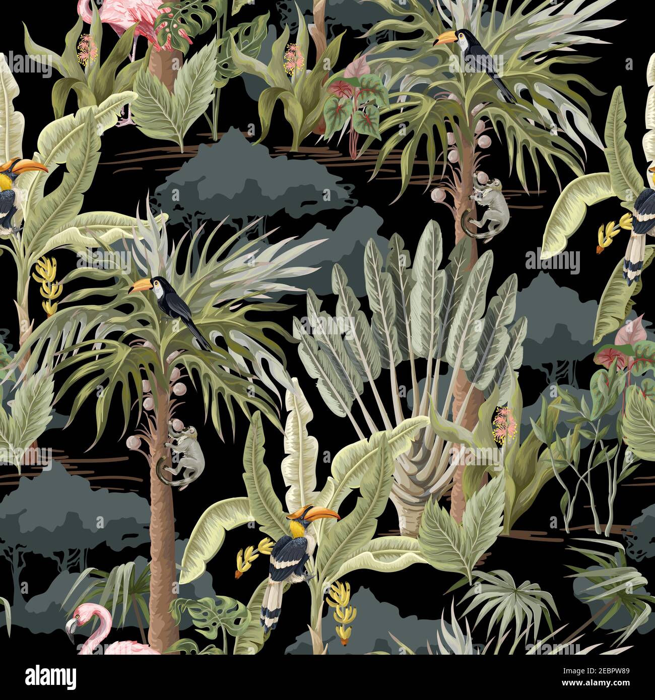 Seamless pattern with jungle animals, flowers and trees. Vector. Stock Vector