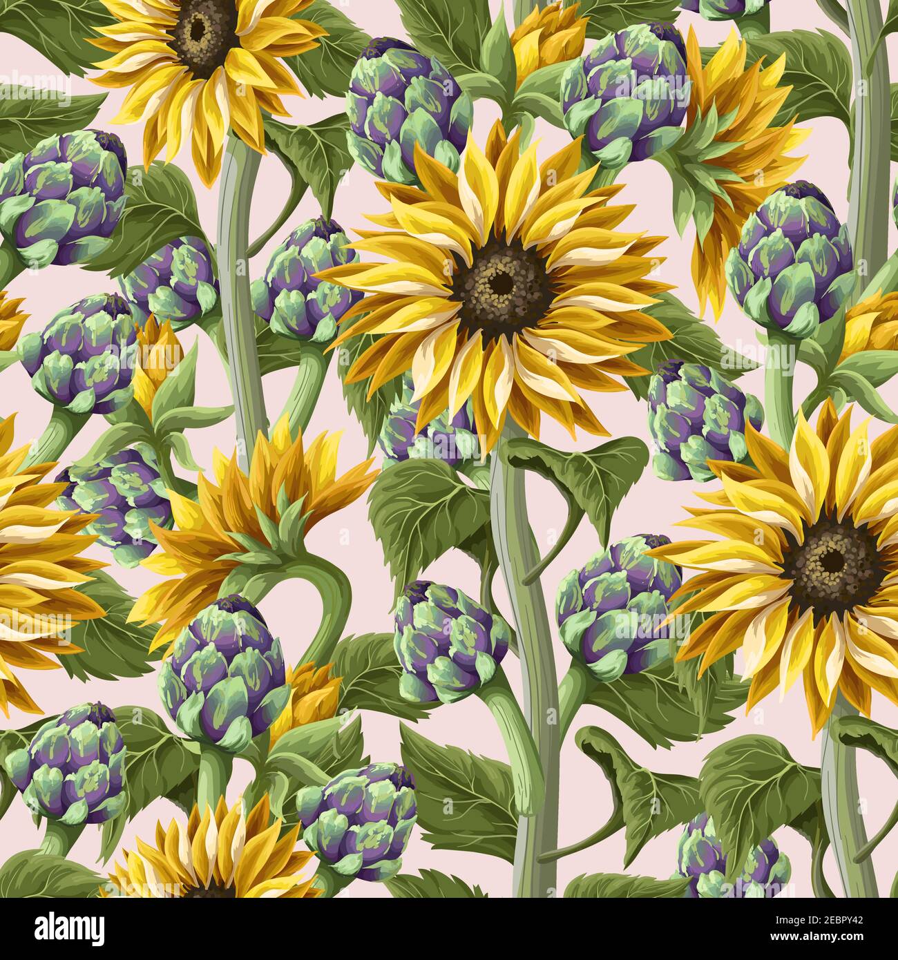 Seamless pattern with sunflowers and artichoke. Trendy floral print