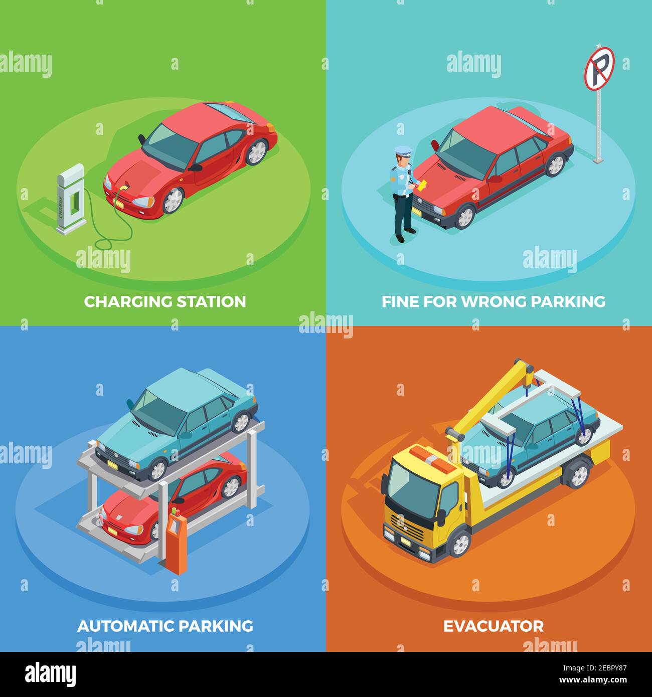 Parking isometric collection with cars stopped in right and wrong positions vector illustration Stock Vector
