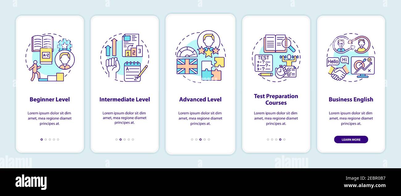 Language learning levels onboarding mobile app page screen with concepts Stock Vector