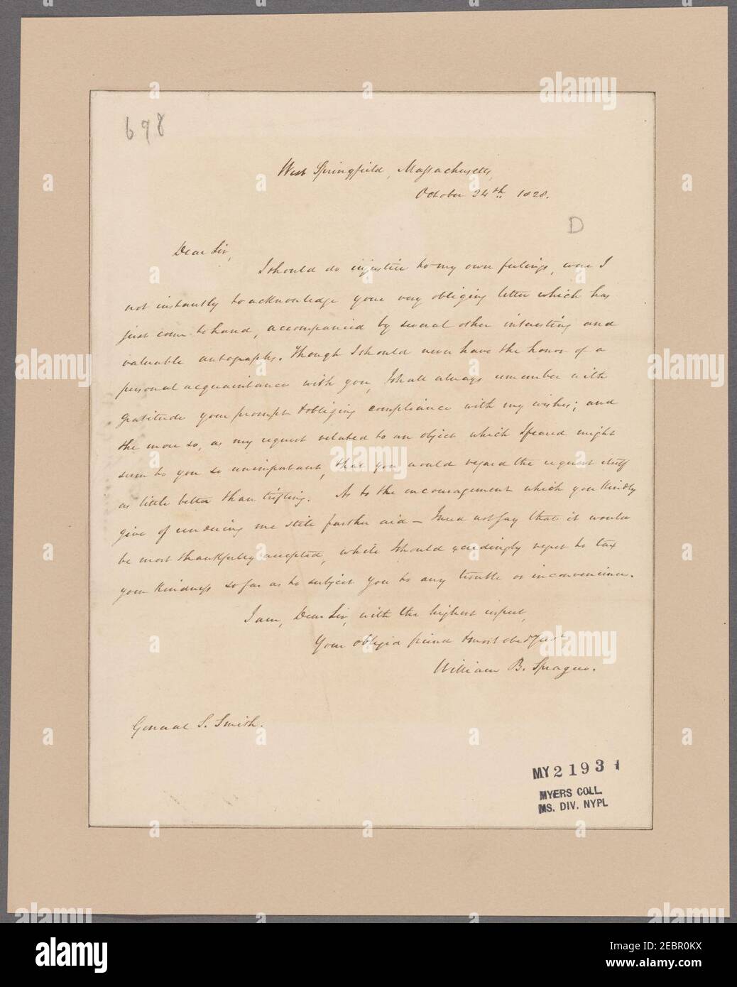 Sprague, William B. West Springfield, Massachusetts. To General Samuel ...