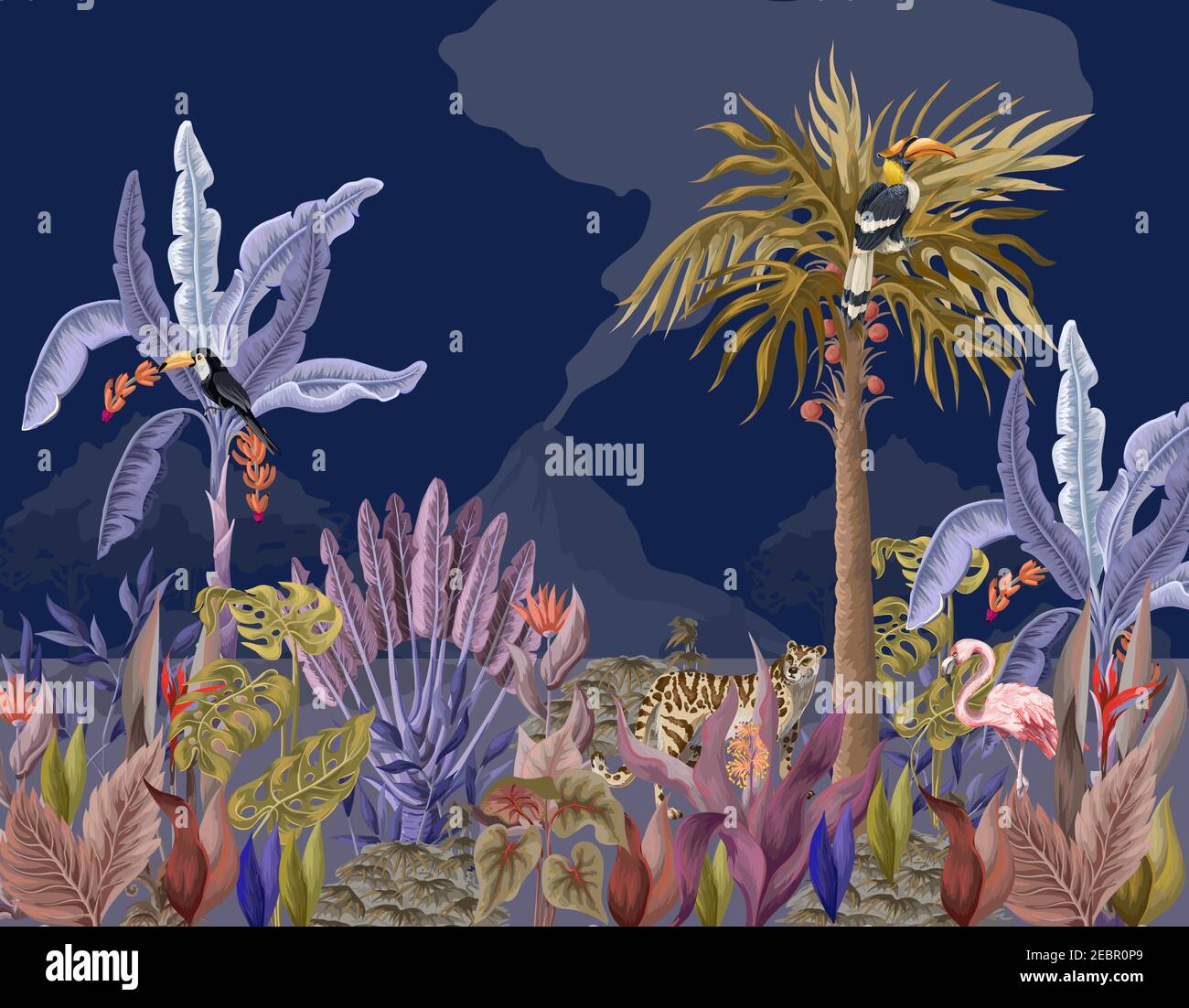 Pattern with jungle animals, flowers and trees. Vector Stock Vector