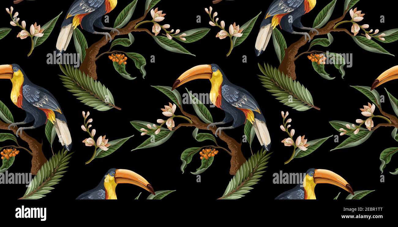 Seamless pattern with birds and tropical leaves and flowers. Vector ...