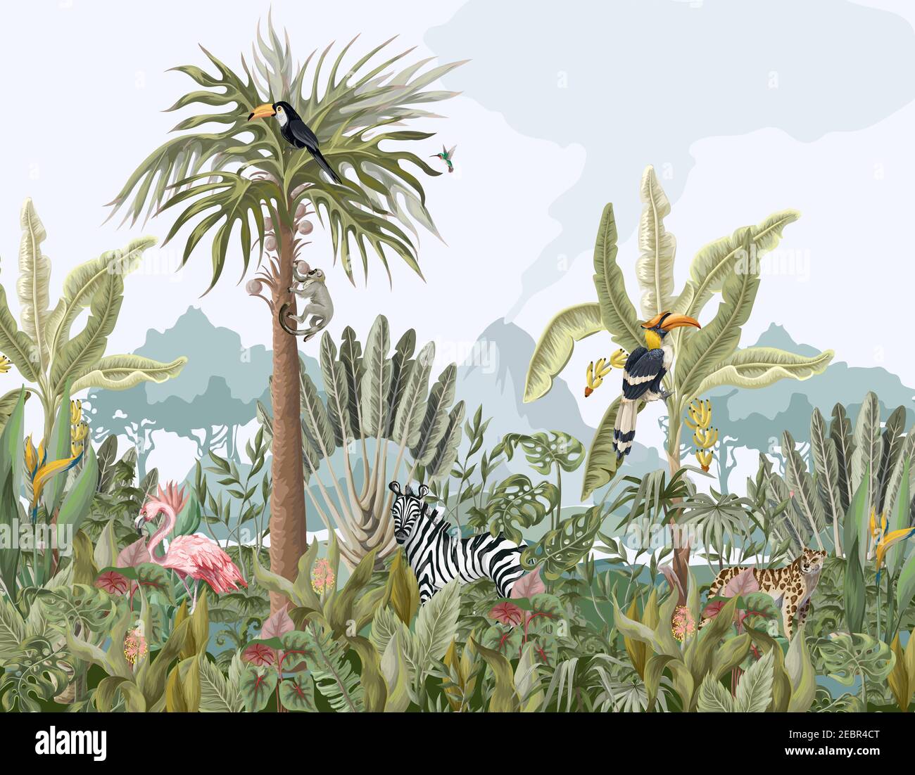 Pattern with jungle animals, flowers and trees. Vector Stock Vector ...