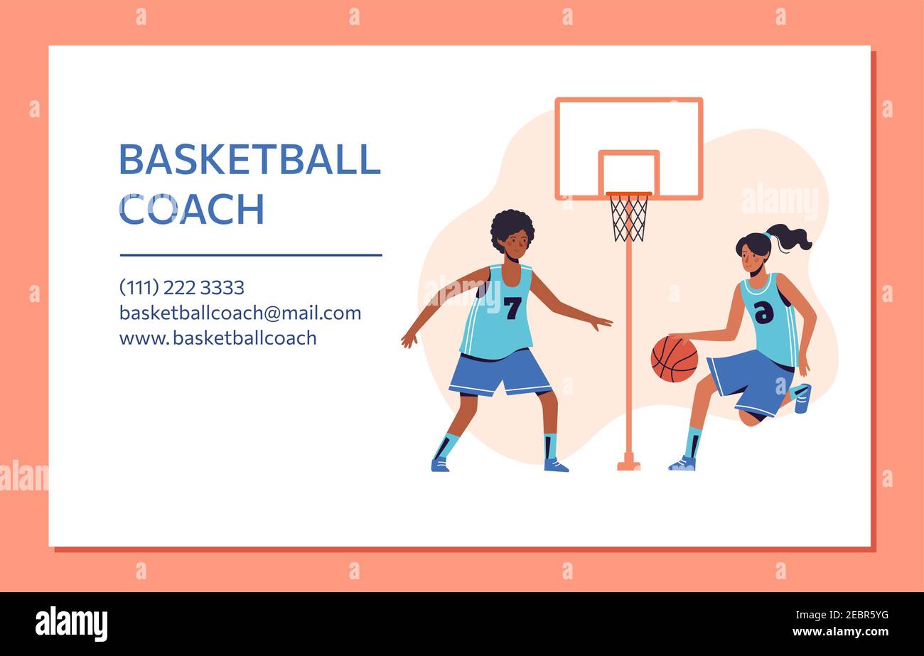 Basketball coach business card design. Flat design concept with girls playing ball. isolated on peach background. Vector. Stock Vector