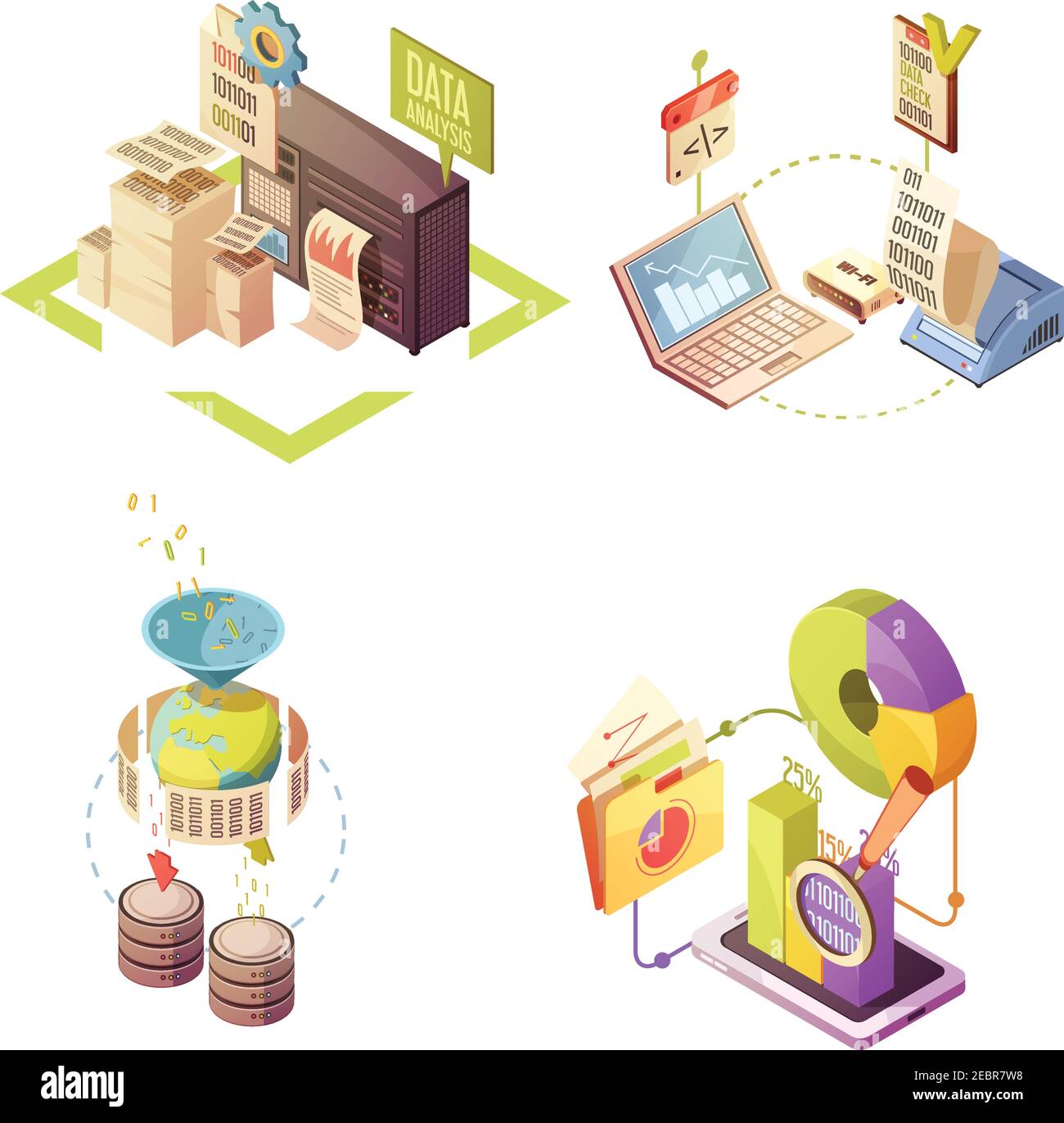 Data analysis isometric compositions with information gathering processing and check charts and statistics isolated vector illustration Stock Vector