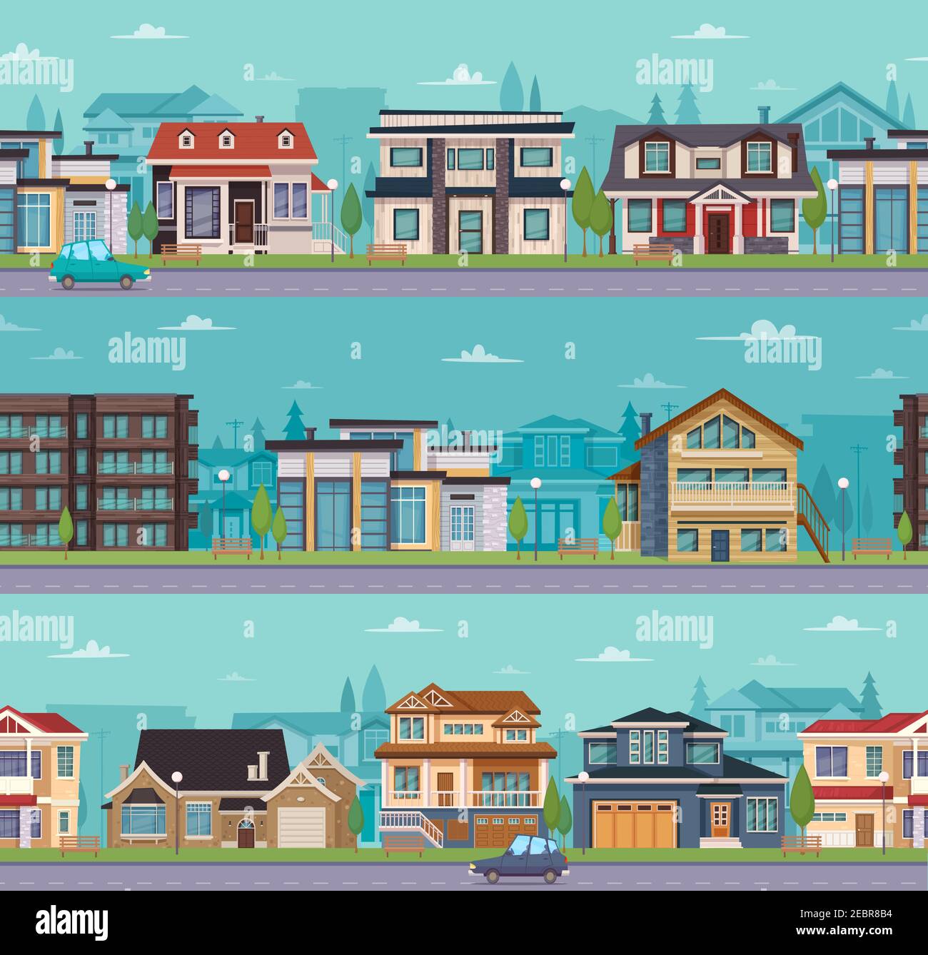 Seamless cityscape template with suburban houses and cottages of different construction vector illustration Stock Vector