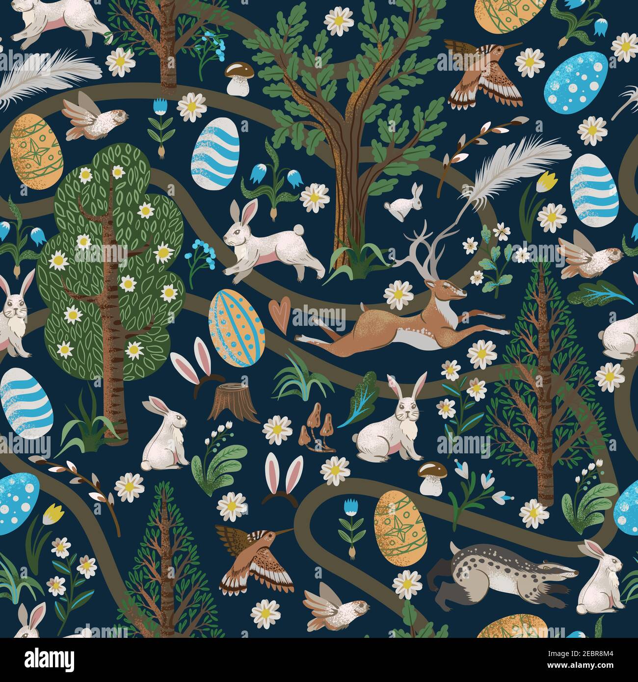 Rustic seamless pattern with trees, rabbits, eggs and other. Easter print. Stock Vector