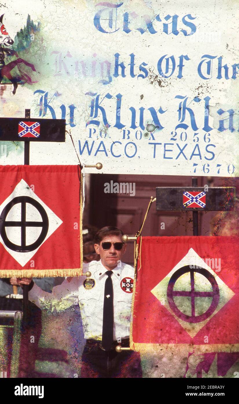 Austin, Texas USA, 1992: KKK Ku Klux Klan white supremacist  group marches at the Texas Capitol. ©Bob Daemmrich Stock Photo