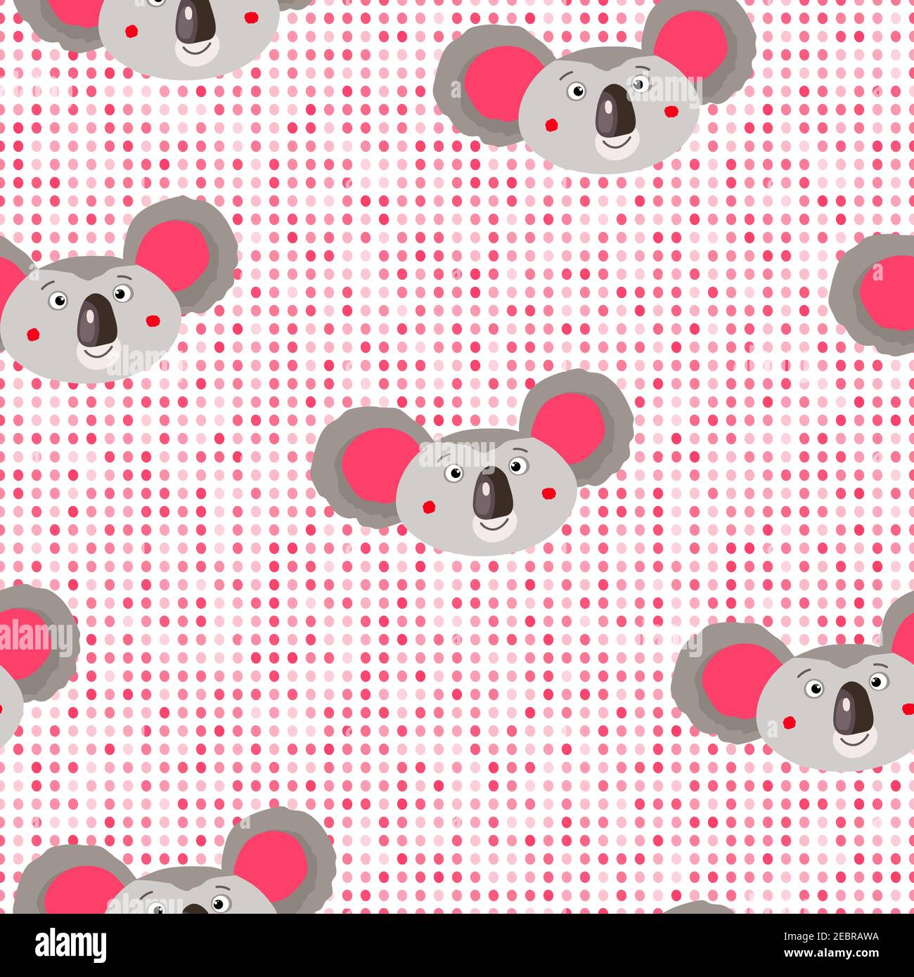 Seamless pattern with cute koala baby and hearts on white polka dots ...