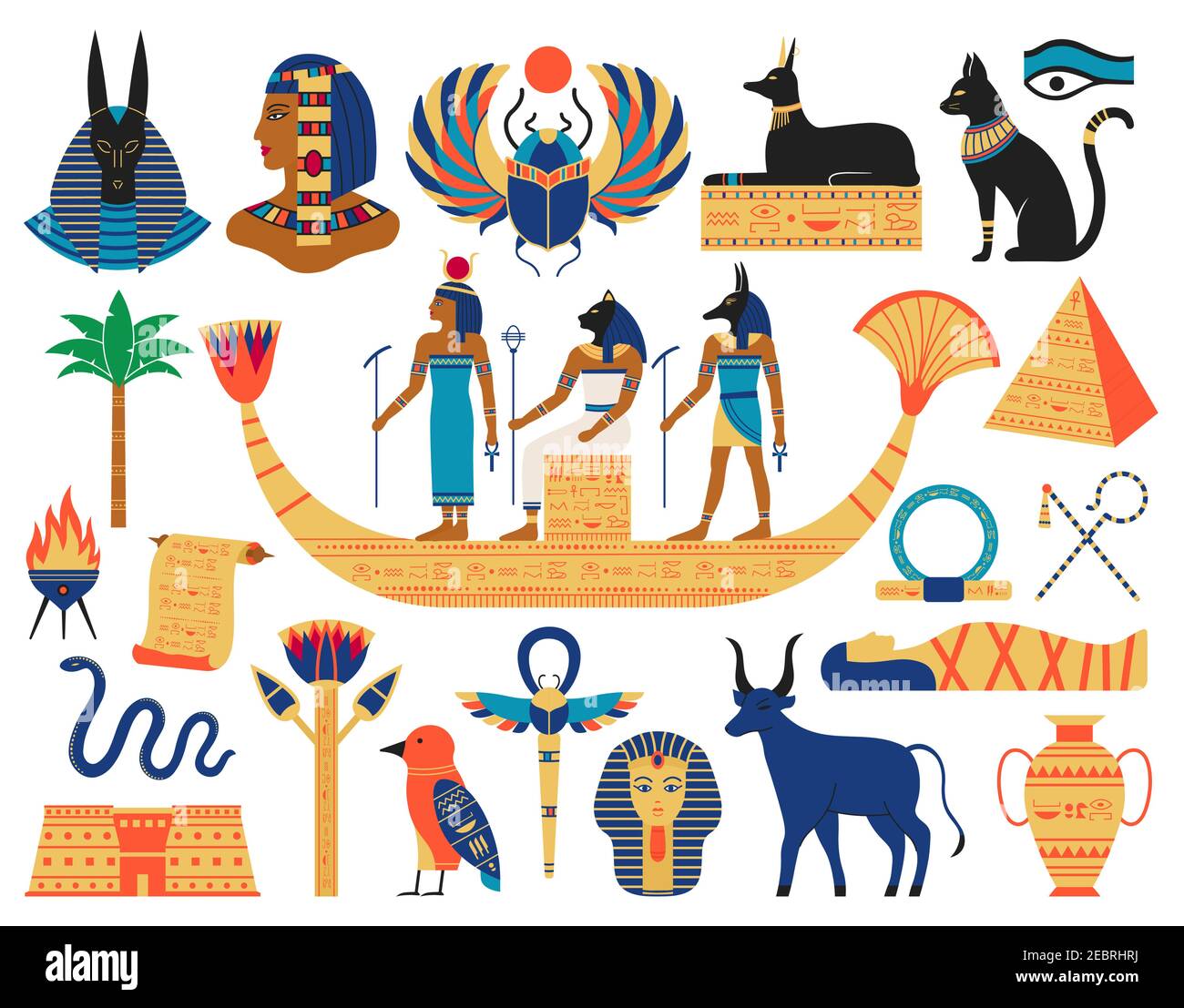 Egyptian elements. Ancient gods, pyramids and sacred animals. Egypt mythology symbols vector illustration set Stock Vector