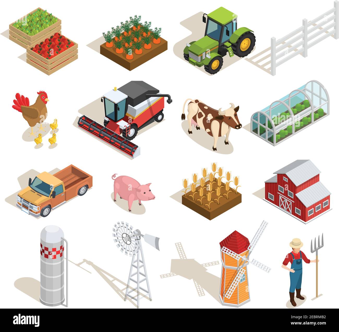 Farm isometric icons collection with agricultural machines animals vegetables fruits greenhouse mills farmer barn isolated vector illustration Stock Vector