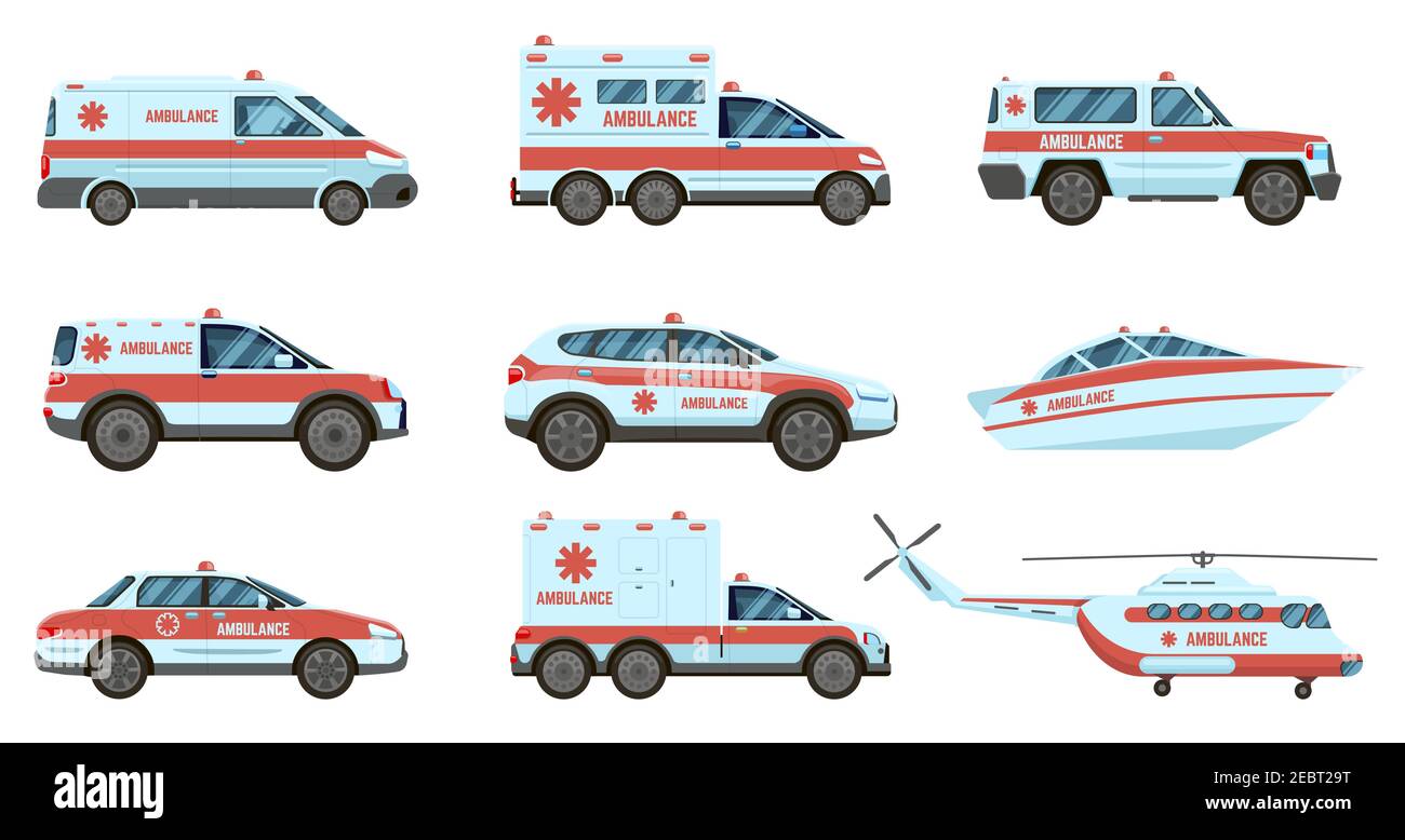 Ambulance emergency vehicles. Official city ambulance cars, helicopter and boat. City emergency service cars vector illustration set Stock Vector