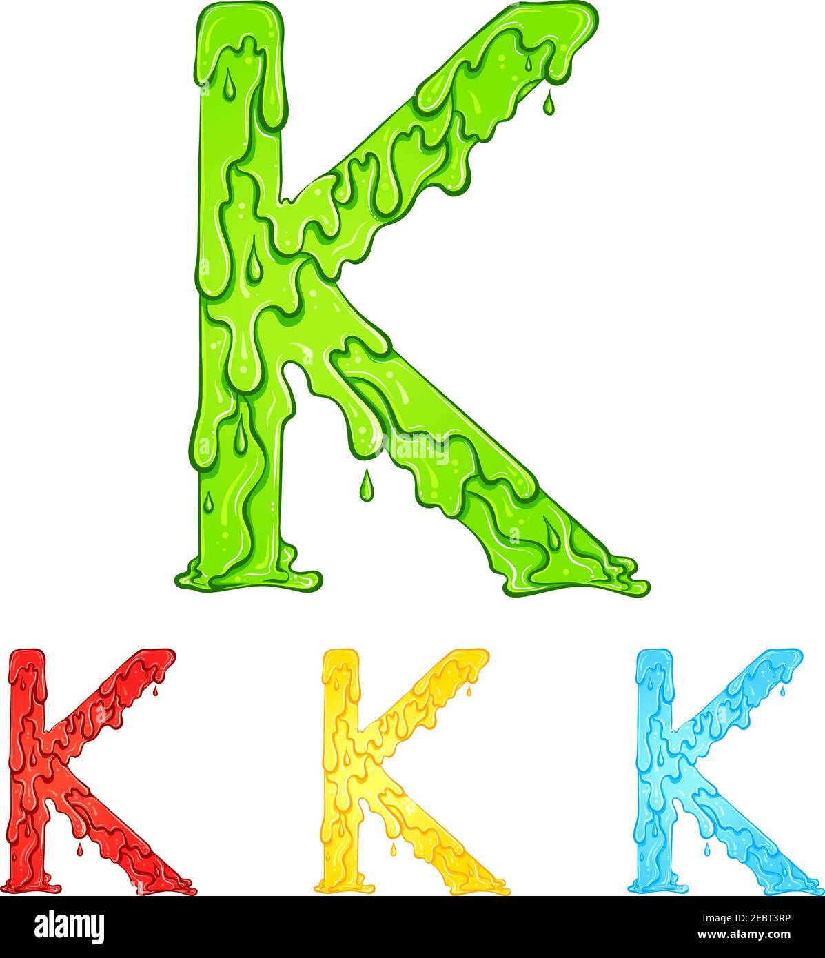 Letter K with flow drops and goo splash. Color illustration of the symbol k in four colors green, red, yellow, blue. Dripping liquid. Vector font in hand drawn style isolated on white background. Stock Vector