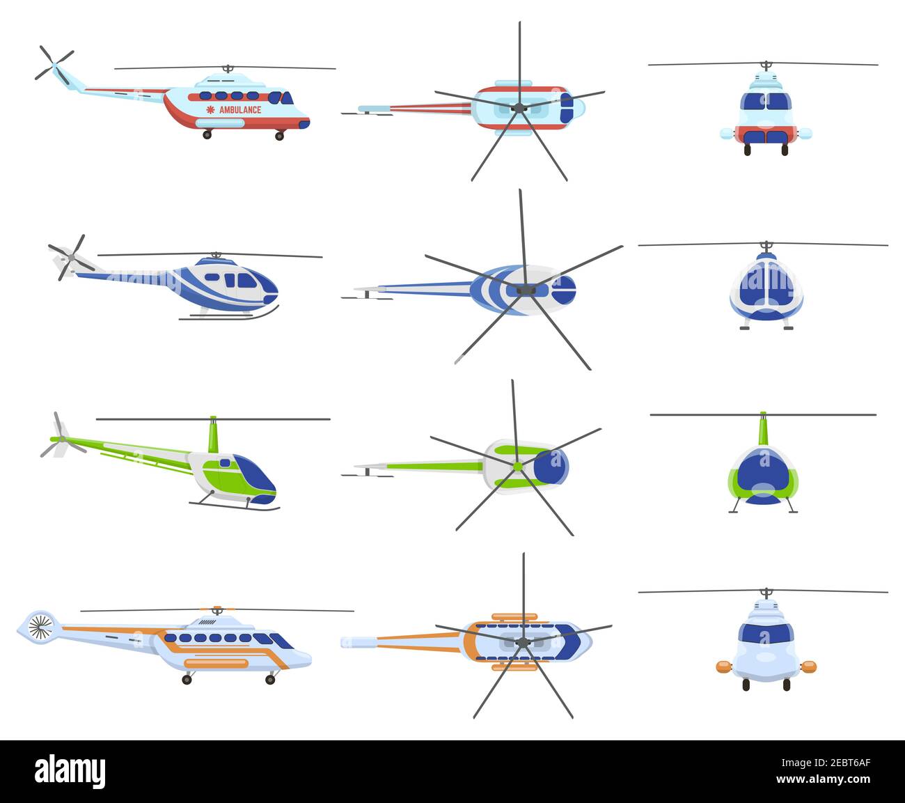 Helicopter aircraft vehicles. Avia transportation, city urban, private and medical rescue helicopter. Helicopter aviation vector illustration set Stock Vector