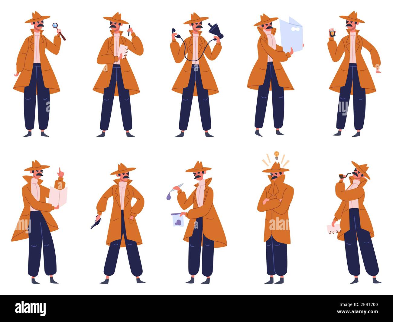 Private investigator. Male detective in different action pose, police inspector investigate crime. Detective character vector illustration set Stock Vector