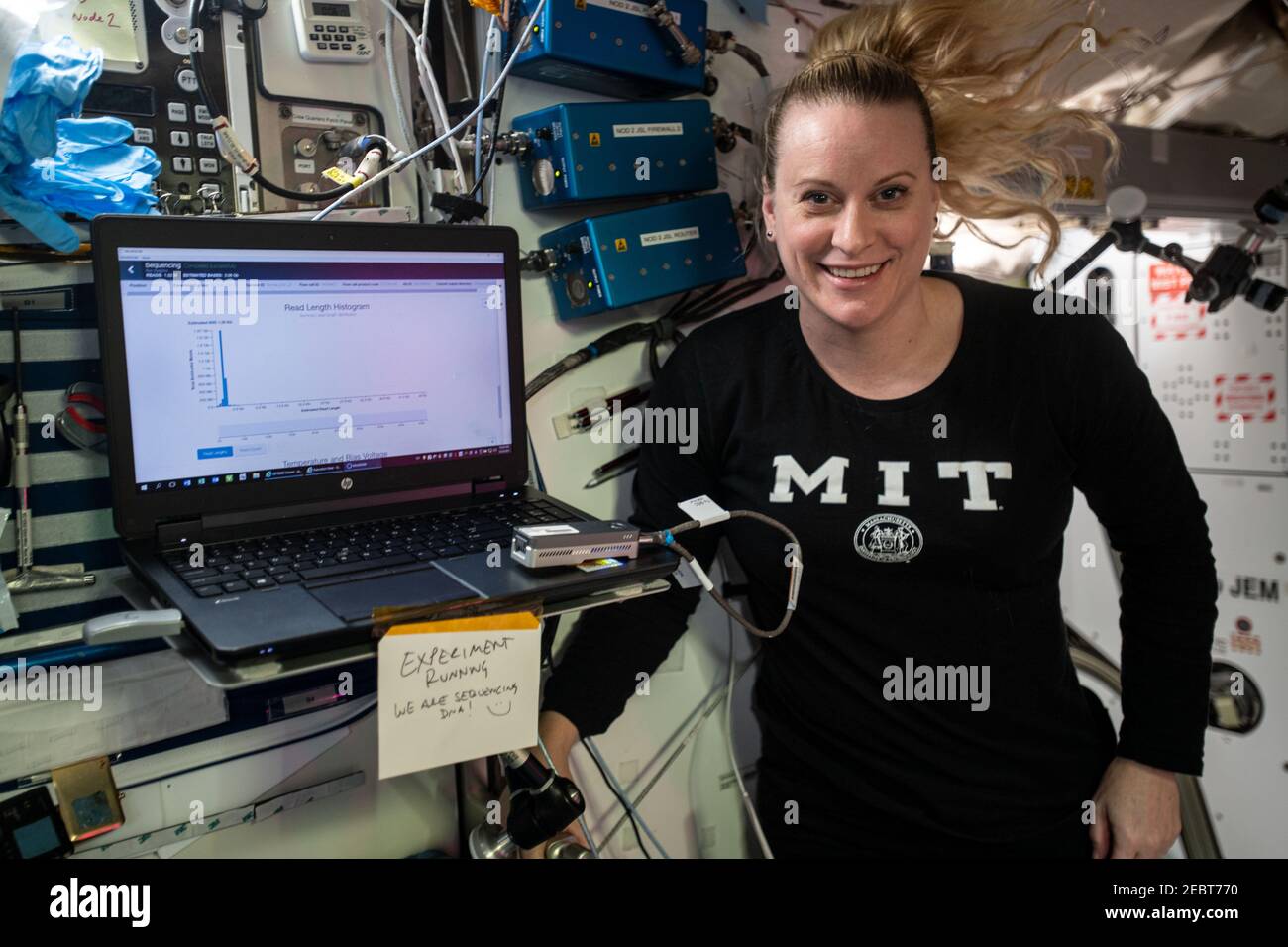 NASA astronaut and Expedition 64 Flight Engineer Kate Rubins during DNA sequencing activities for an experiment that seeks to diagnose medical conditions and identify microbes aboard the International Space Station January 22, 2021 in Earth Orbit. Stock Photo